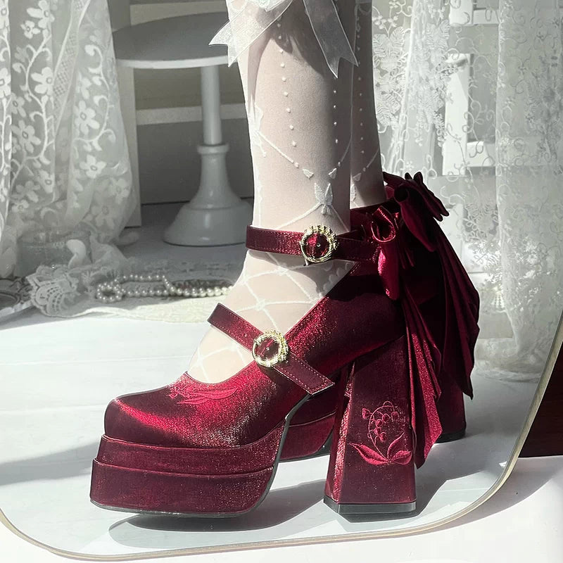 Elegant Jacquard Platform Mary Jane Heels with Butterfly Bow Sweet Lolita Shoes