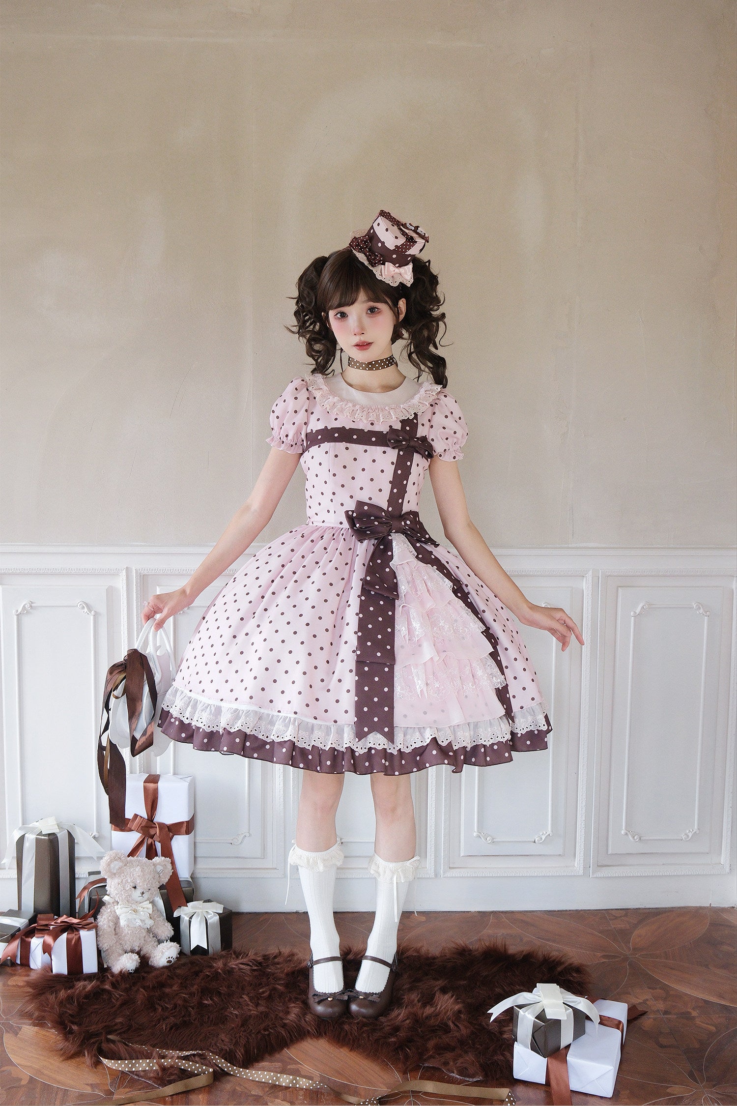 Canele Gift Box Pink Polka Dot Bow Sweet Lolita OP Dress
