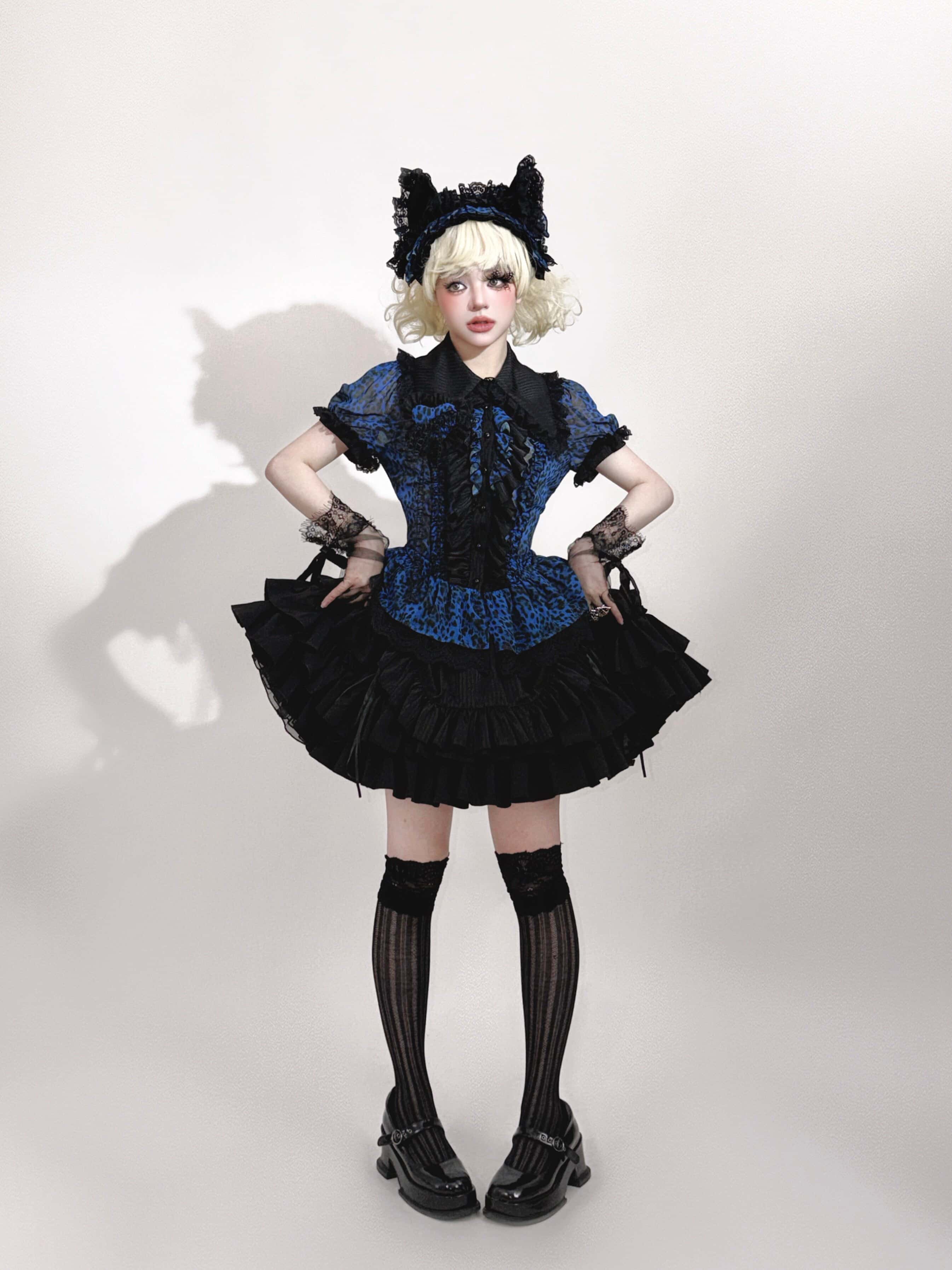 Bengal Cat Gothic Lolita Blue Blouse & Skirt Set