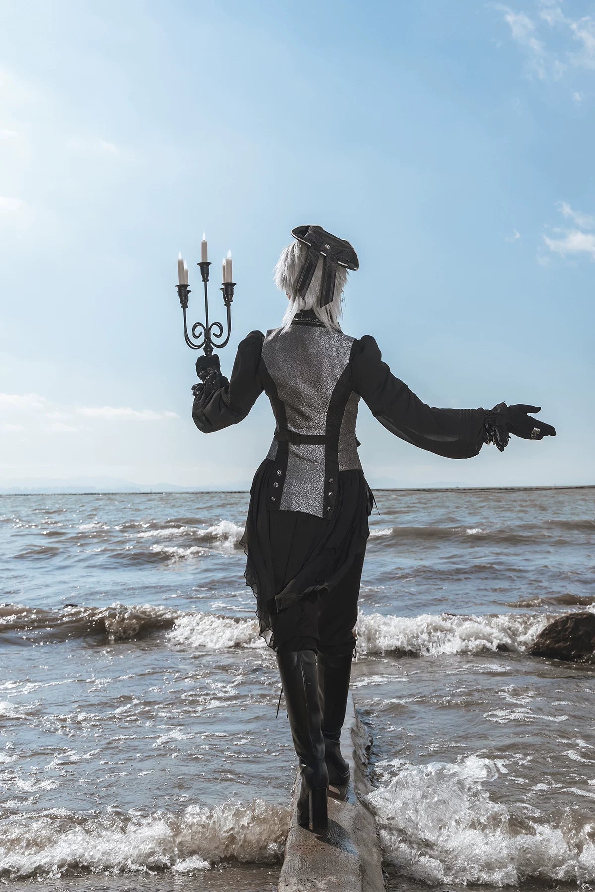 Immortal Misaligned Border Silver Jacquard Gothic Ouji Vest Coat