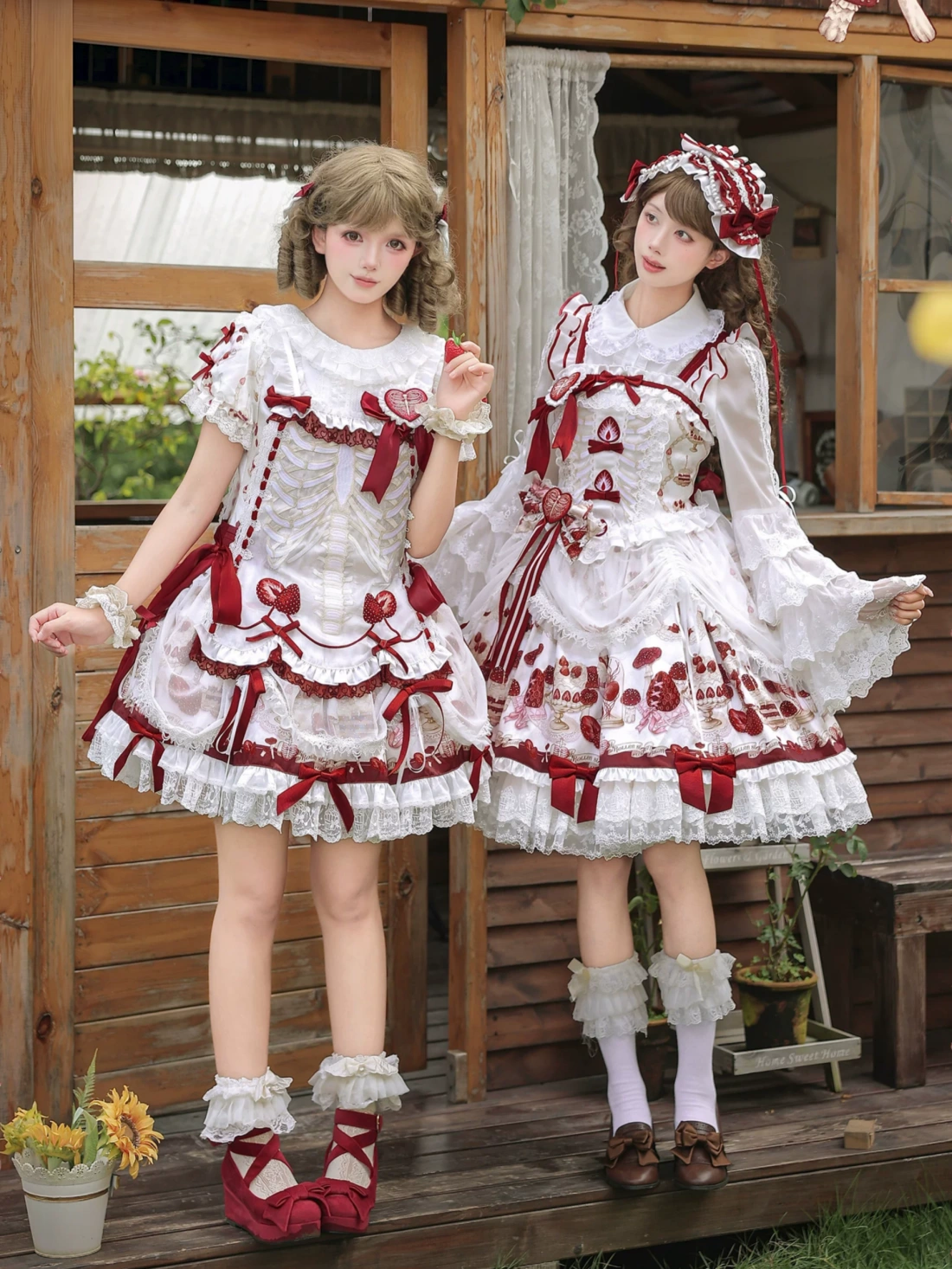 Strawberry Heart Bone White Red Gothic Lolita OP Dress or JSK