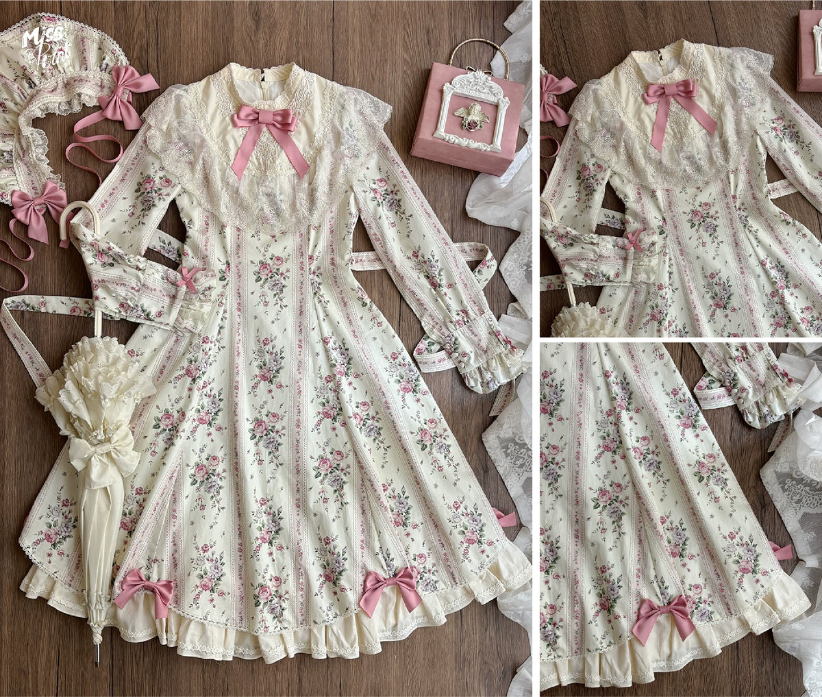Susans Garden Pastel Floral Long Sleeve Lolita OP Dress Set
