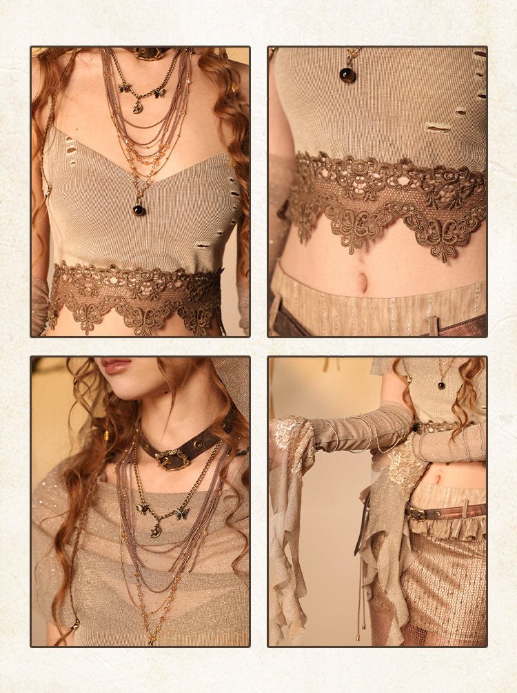 Ember Scorched Marks Shimmer Distressed Cami Hooded Shawl Ribbon Arm Sleeves