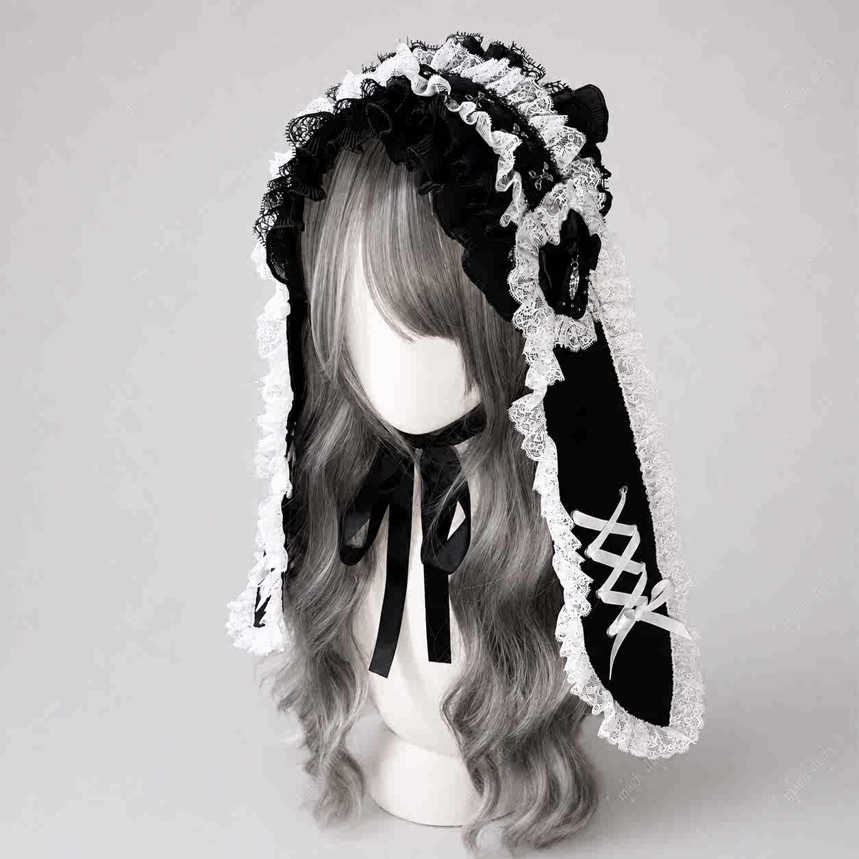 Long Ear Bunny Doll Lace Gothic Lolita Headband with Paw Heart Hair Clip
