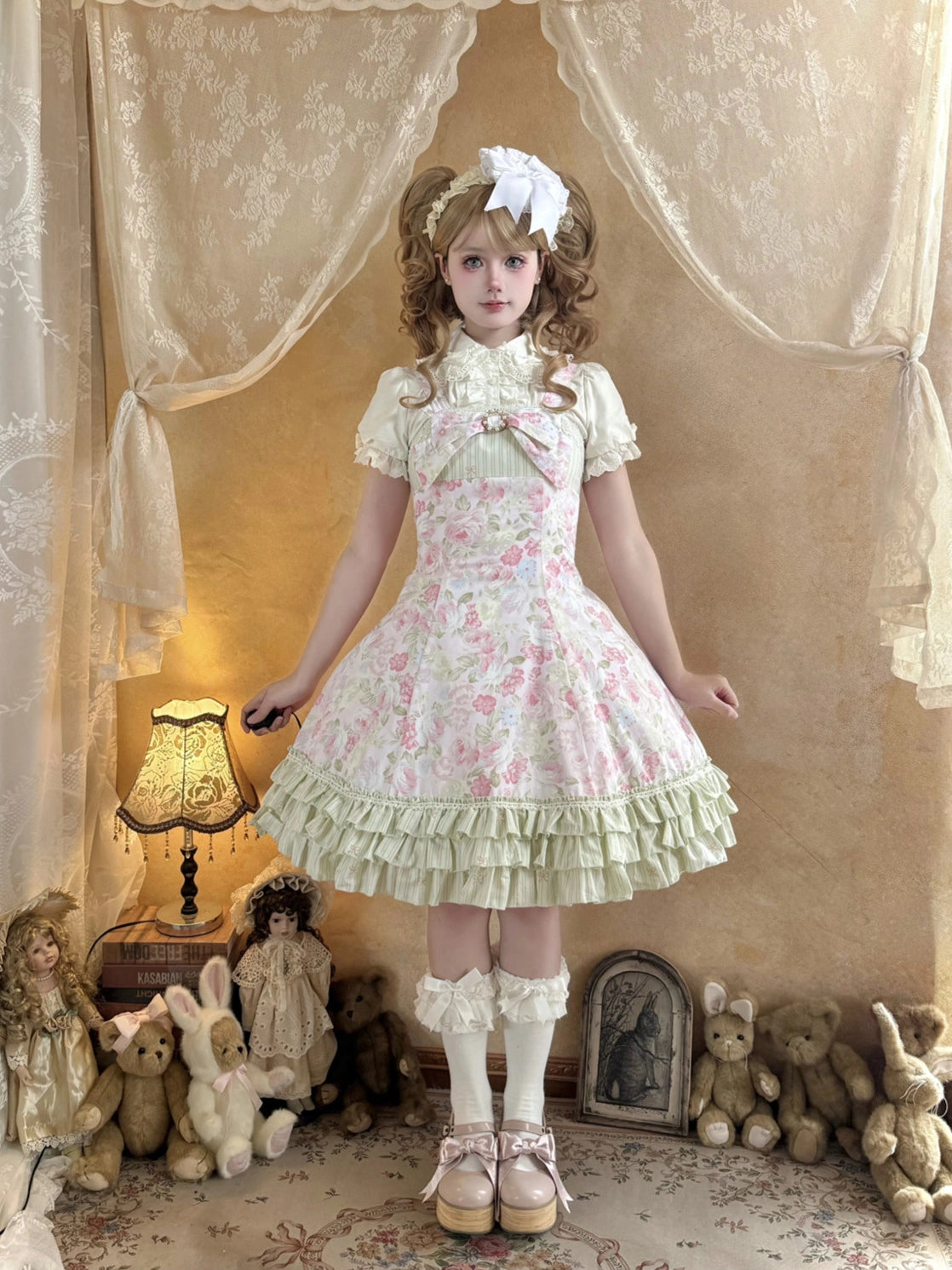Rose Spring Romance Pink Green Floral Classic Lolita JSK Dress