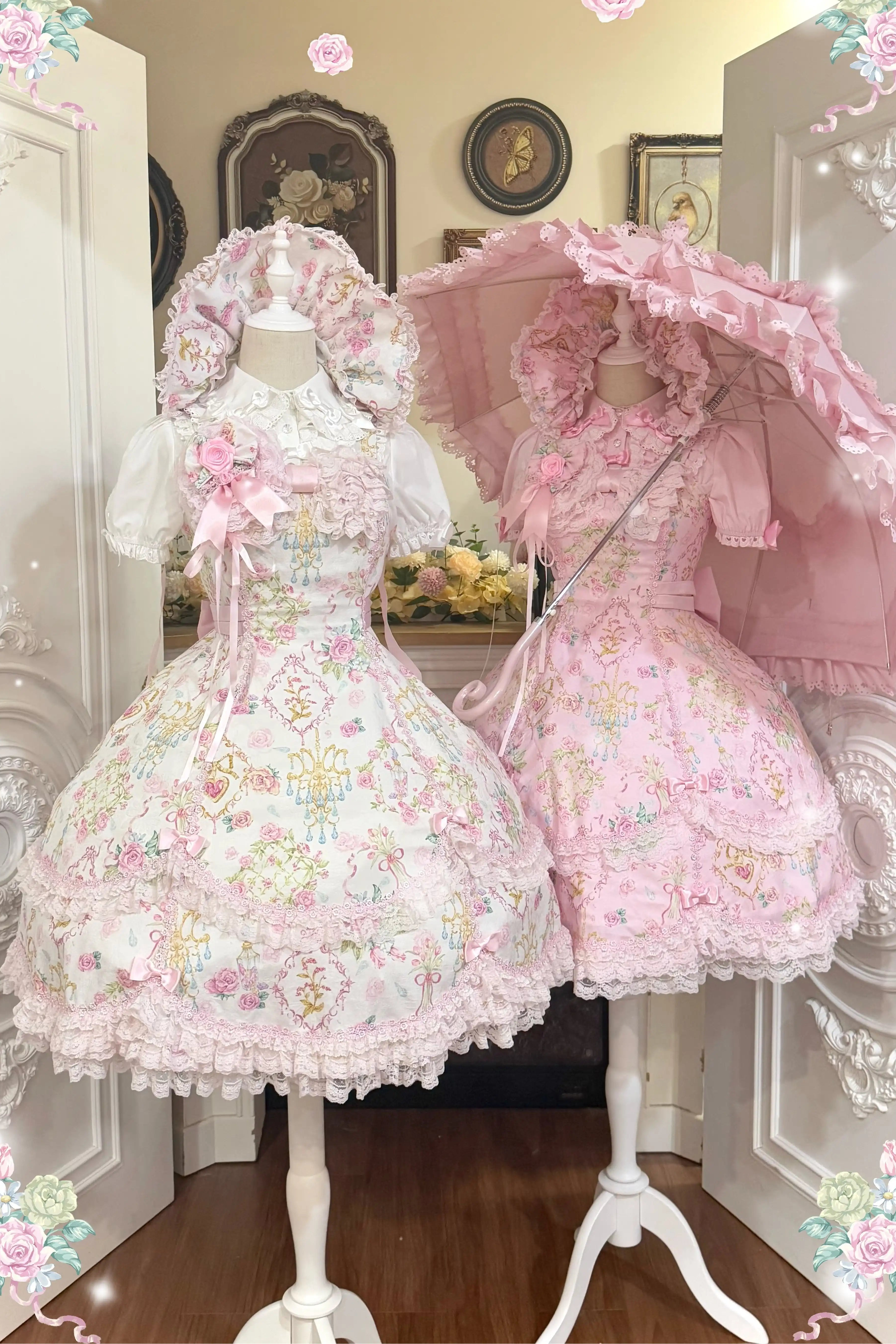 Spring 2025 Vintage Flower Wall Chandelier Rose Print Sweet Lolita JSK Dress