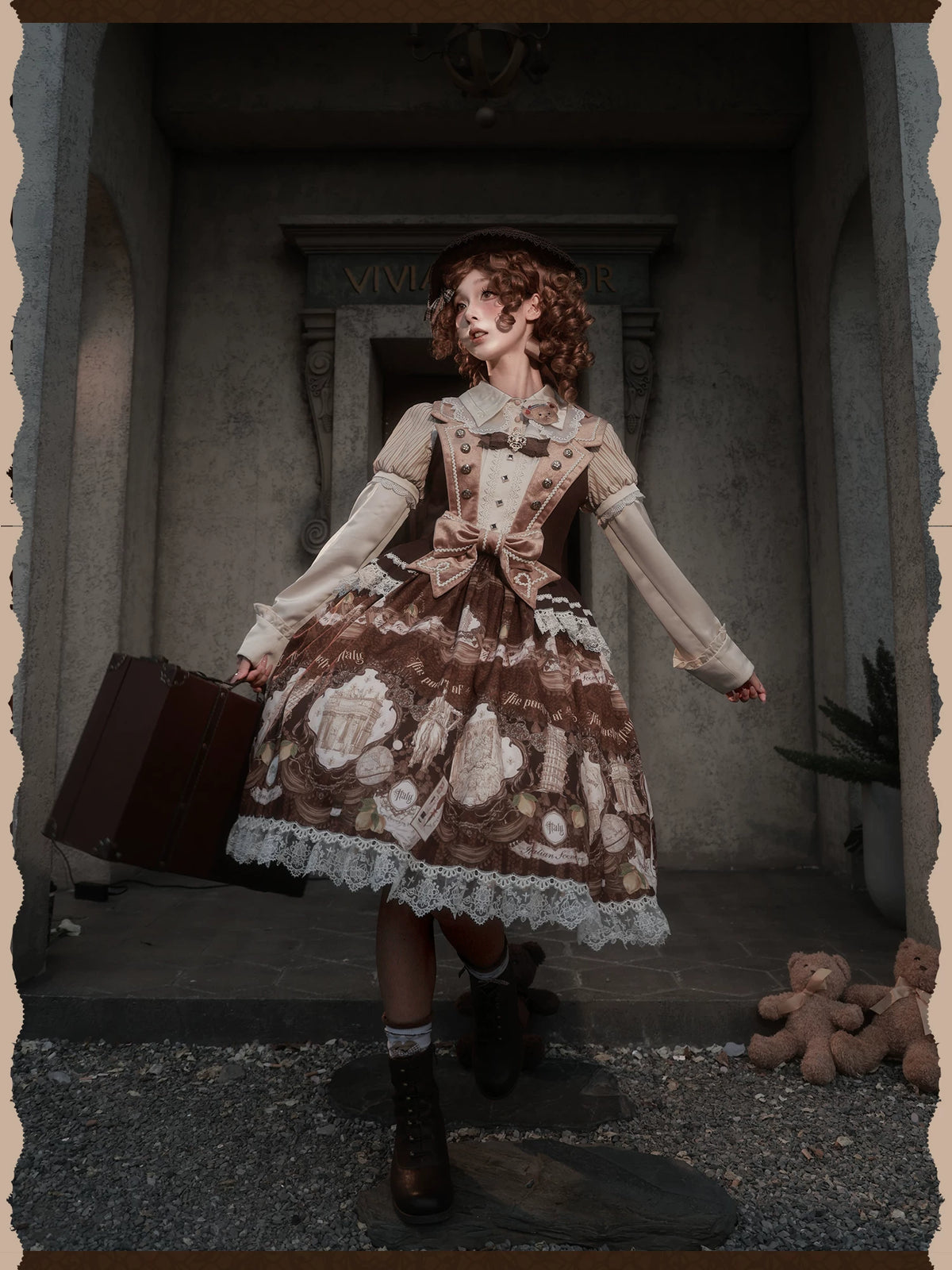 Italian Travelogue Brown British Style Lolita JSK Dress and Blouse