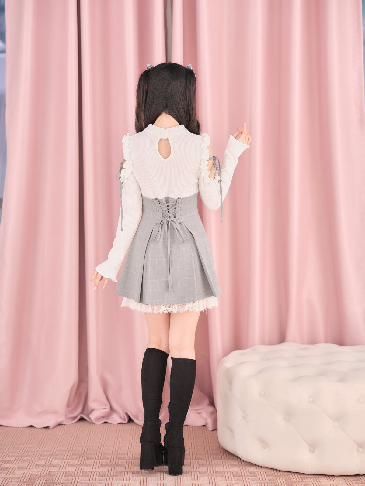Knitted Plaid Japanese Mass Produced Faux Two Piece Dress
