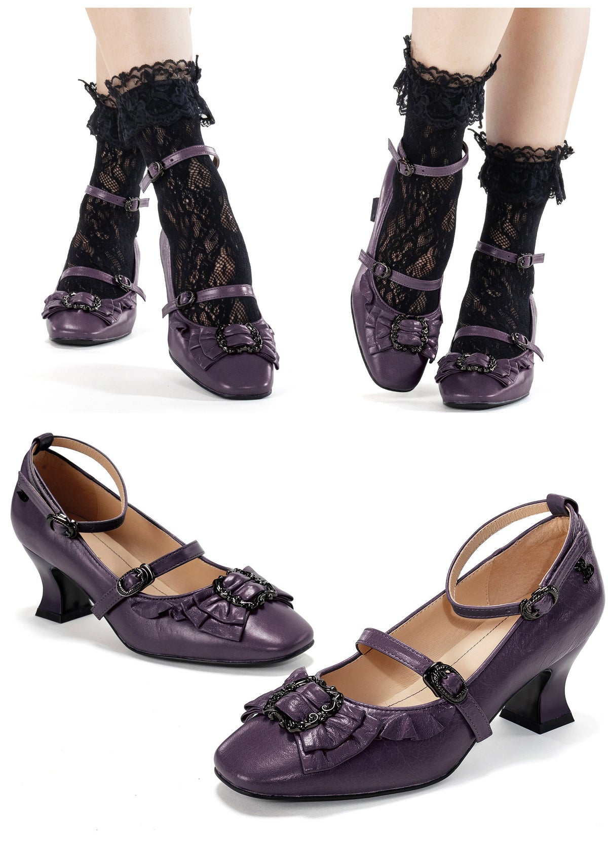 Frame Genuine‑Leather Bow Lace Goblet‑Heel Lolita Shoes