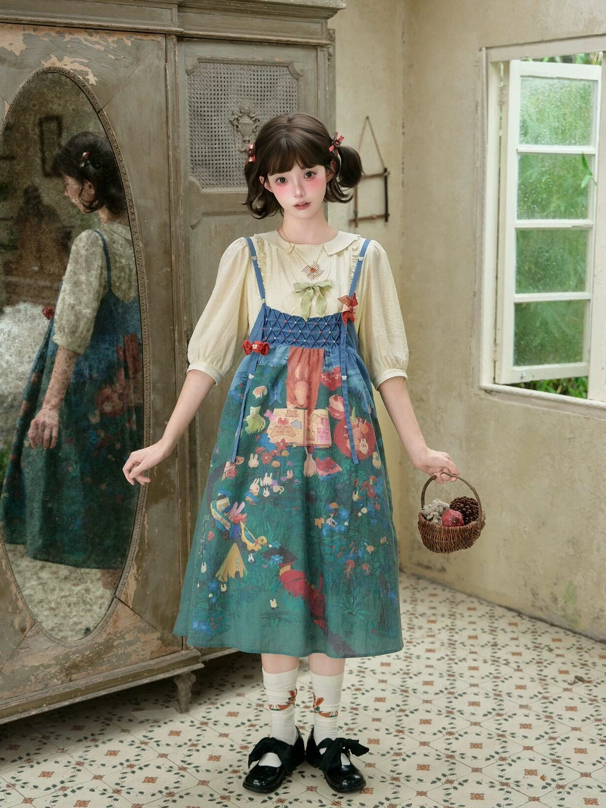 Picnic Lolita Print Vest Blouse, SK & JSK Daily Wear Outfit Set