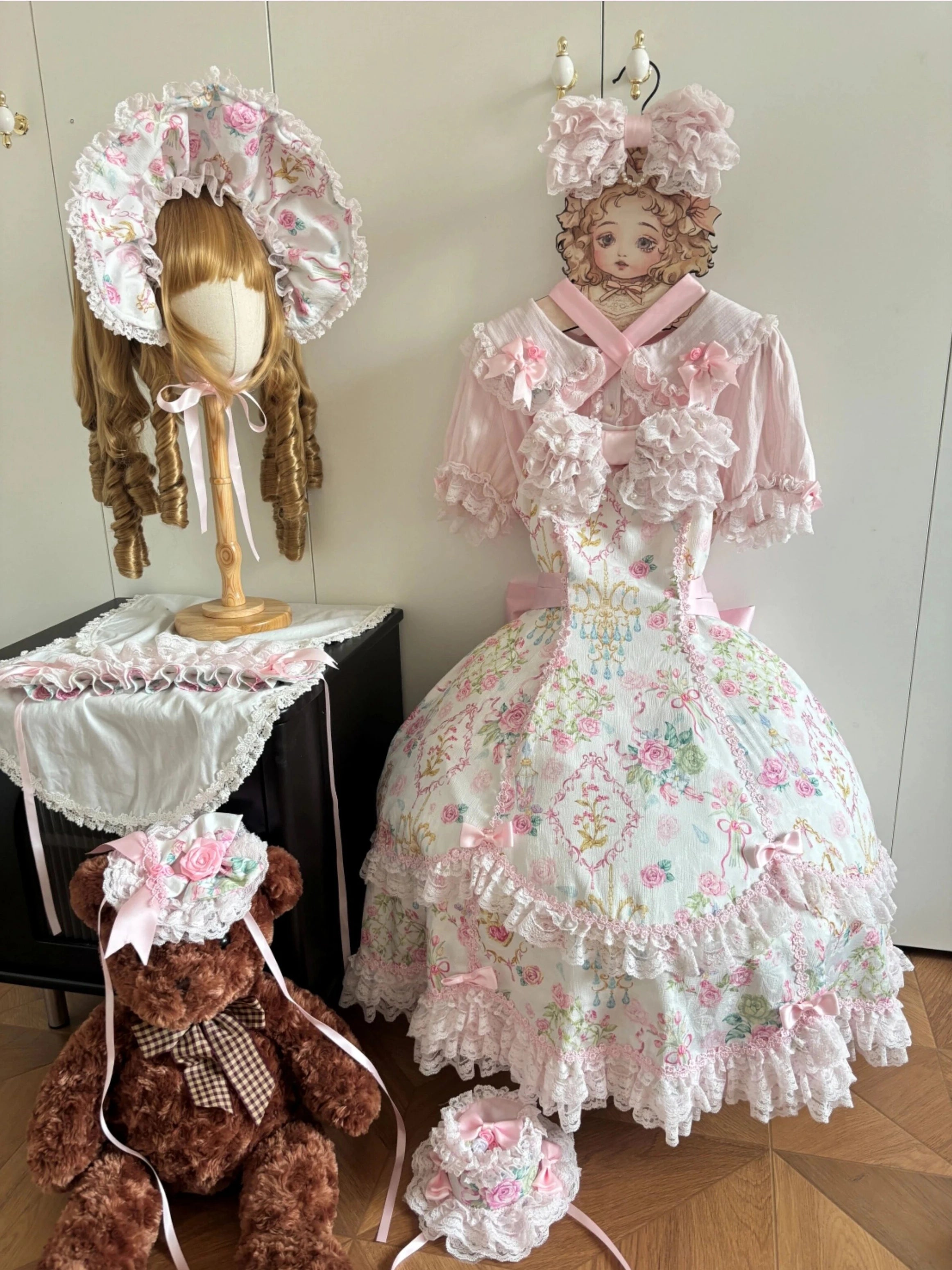 Spring 2025 Vintage Flower Wall Chandelier Rose Print Sweet Lolita JSK Dress