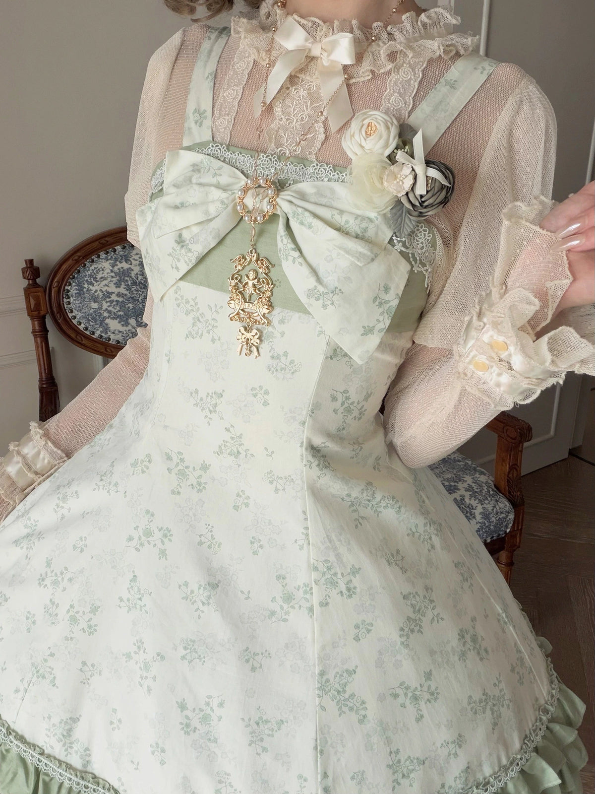 Rose Spring Romance Pink Green Floral Classic Lolita JSK Dress