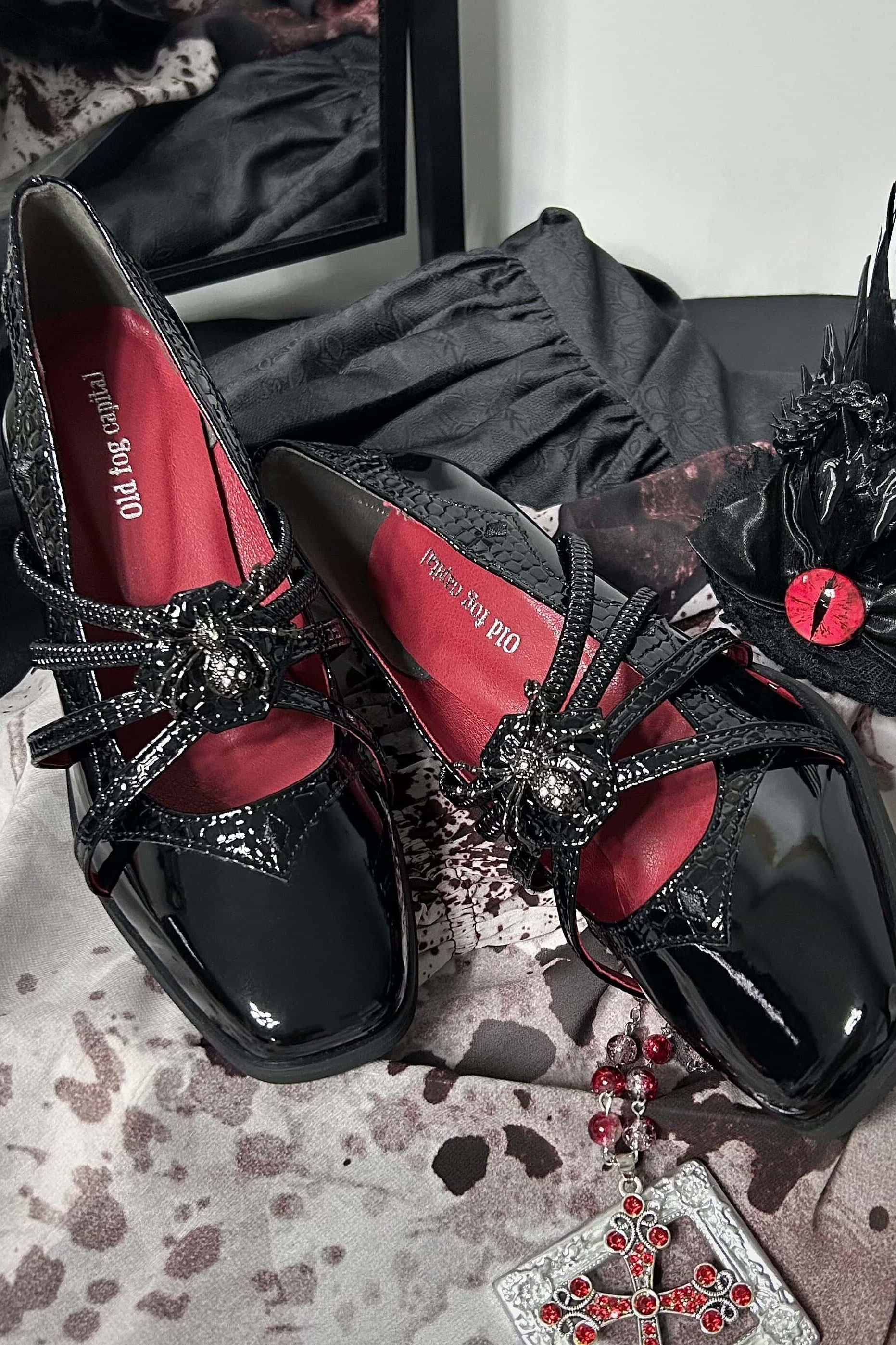 Spider Banquet Black Croc Patent Gothic Lolita Heels with Spider Buckle