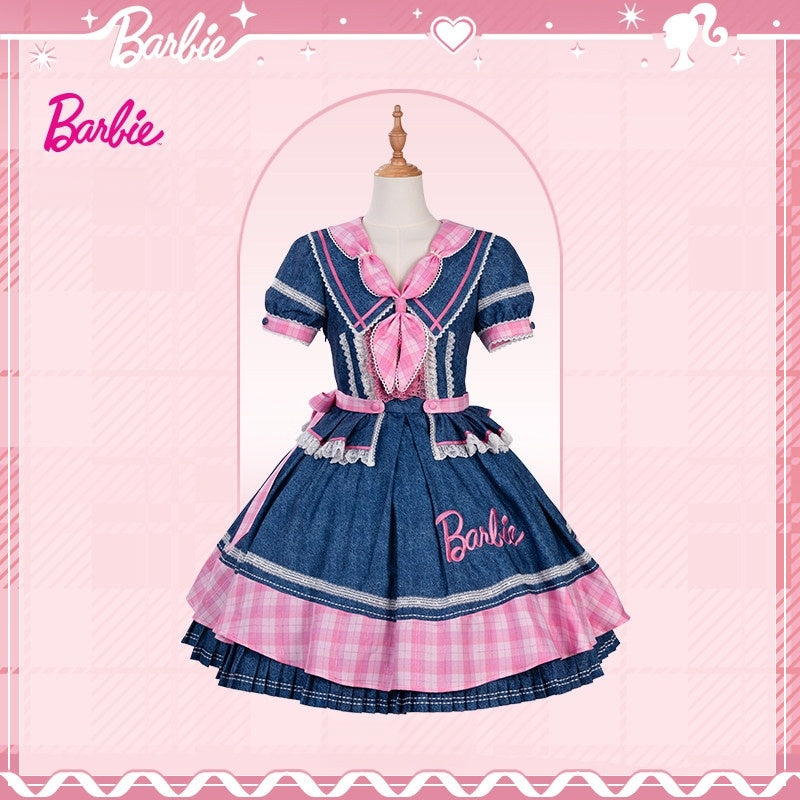 Dreamy Daydream x Barbie Collab Lolita Plaid Denim OP Dress