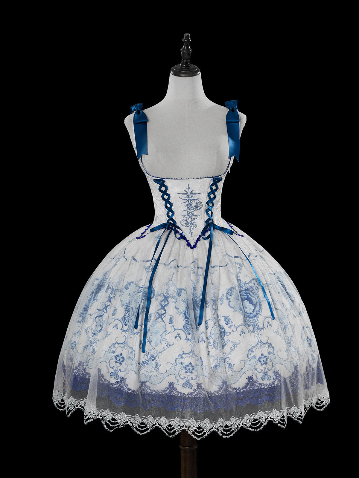 Ling Long Ci Blue Porcelain Butterfly Orchid Print Gothic Lolita Bustier JSK