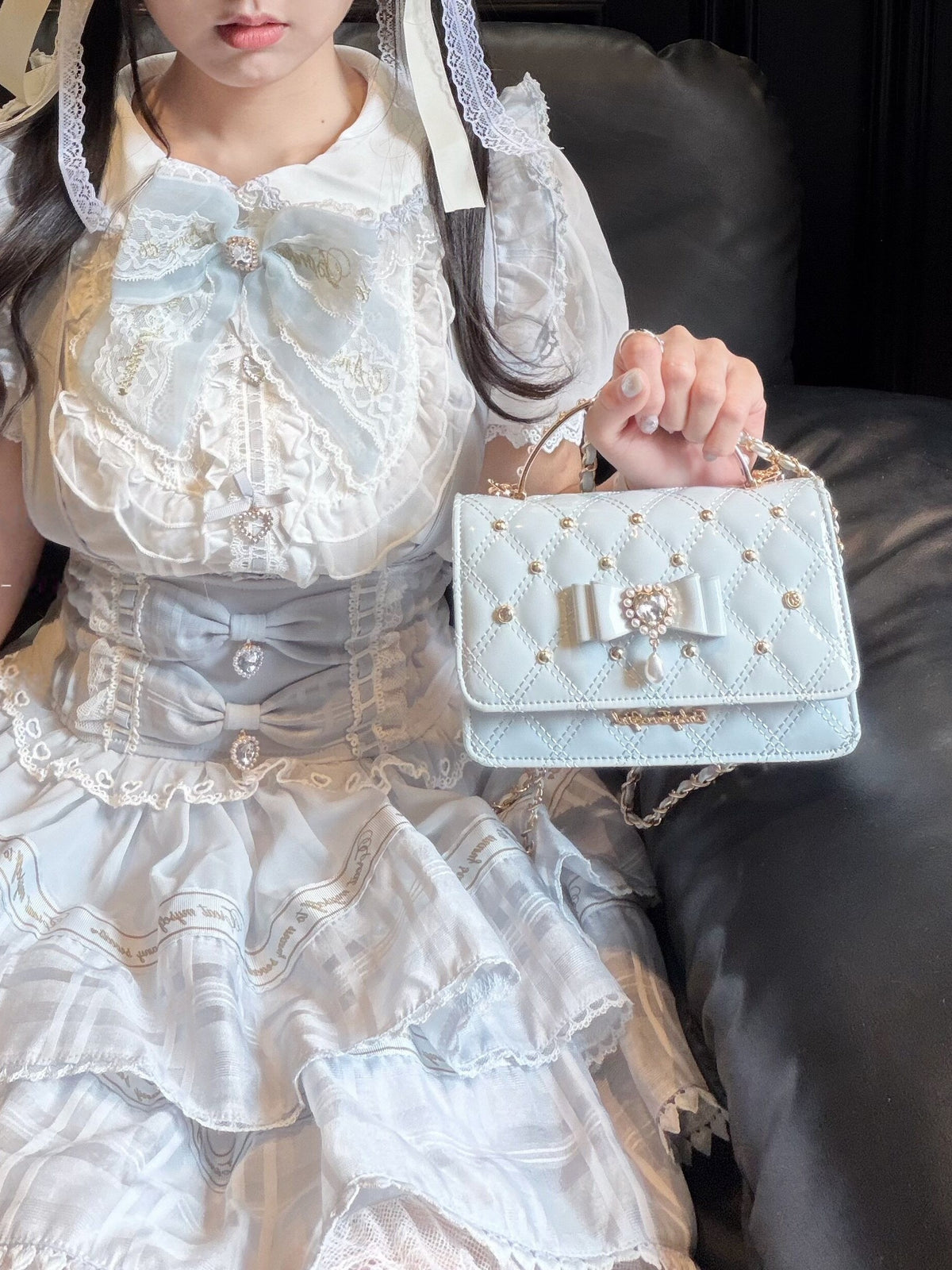 True Love Arrives Pearl Bow Heart Quilted Lolita Box Crossbody Bag