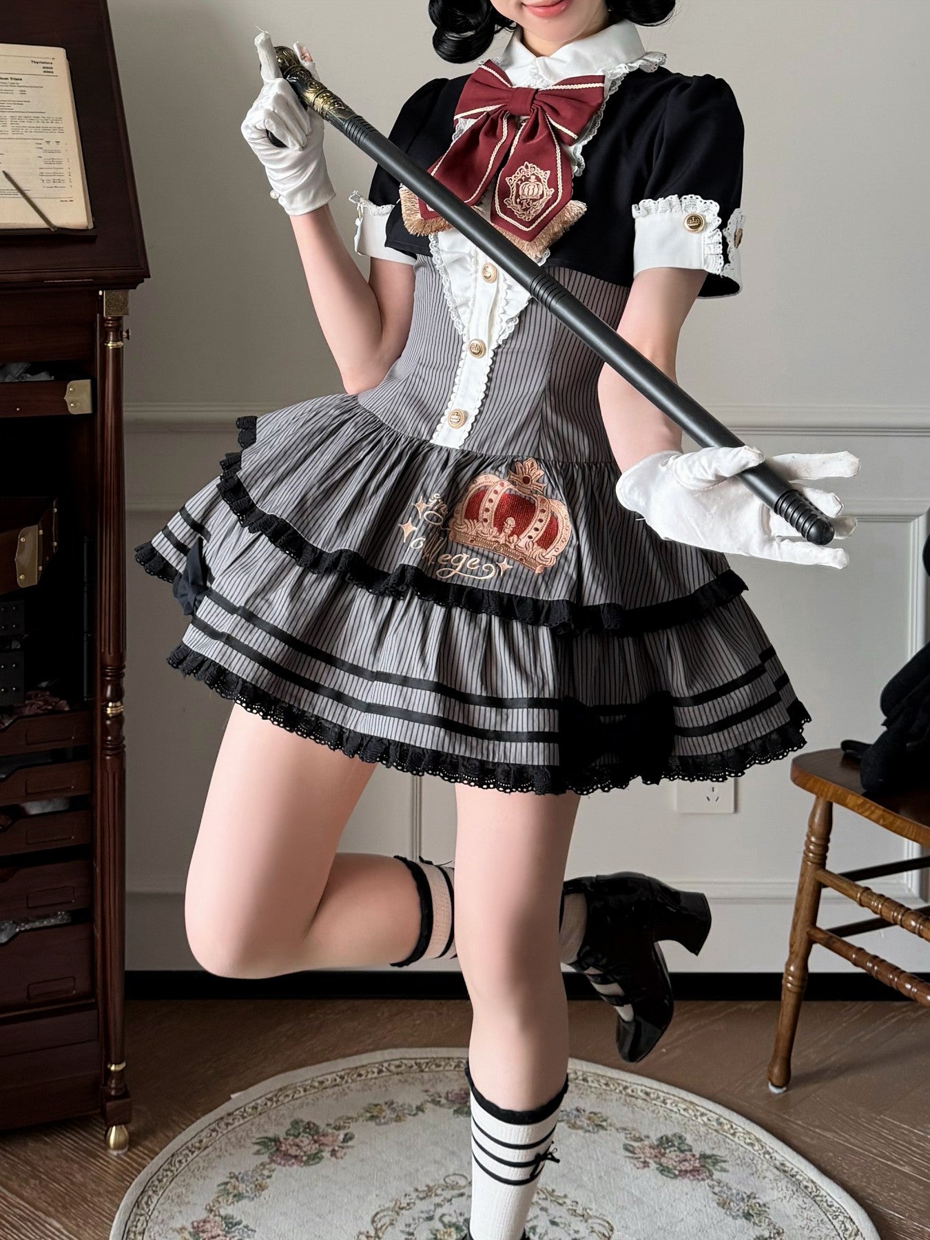 Black Striped Crown Idol Academy Lolita Fake Two-Piece OP Dress