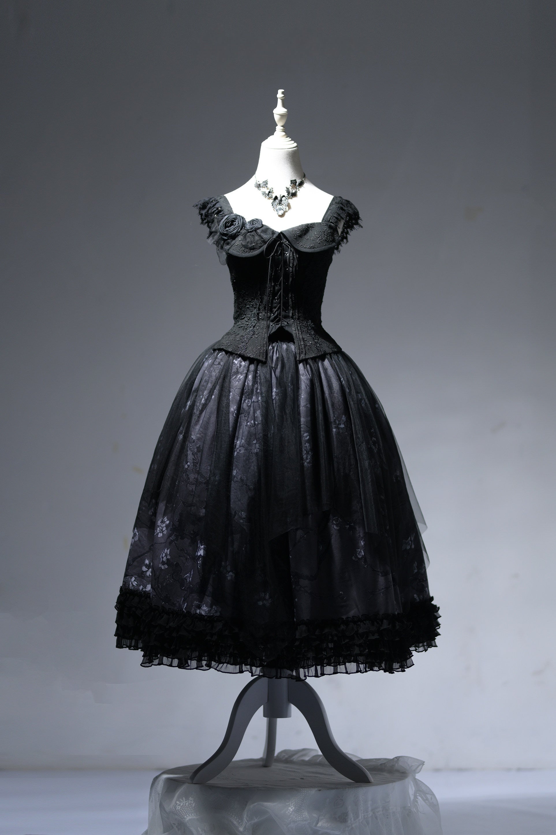 Van Gogh Almond Blossom Black Vintage Strapless Organza Dress / Corset & Skirt Set