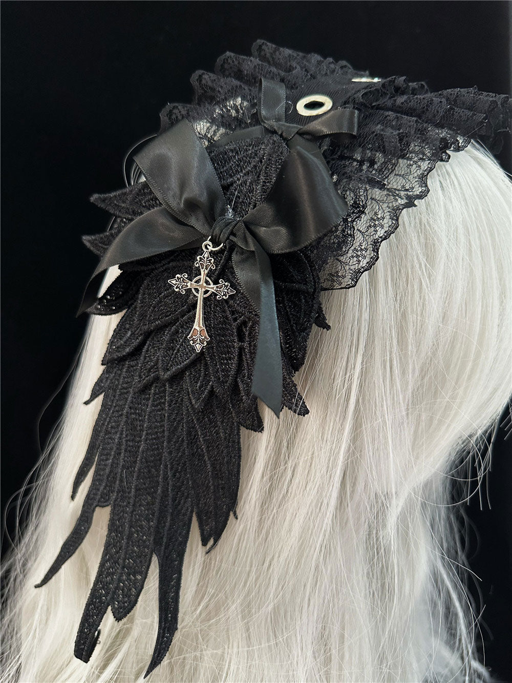 Dark Angel Wing Feather Lolita Gothic Headband with Cross Charm