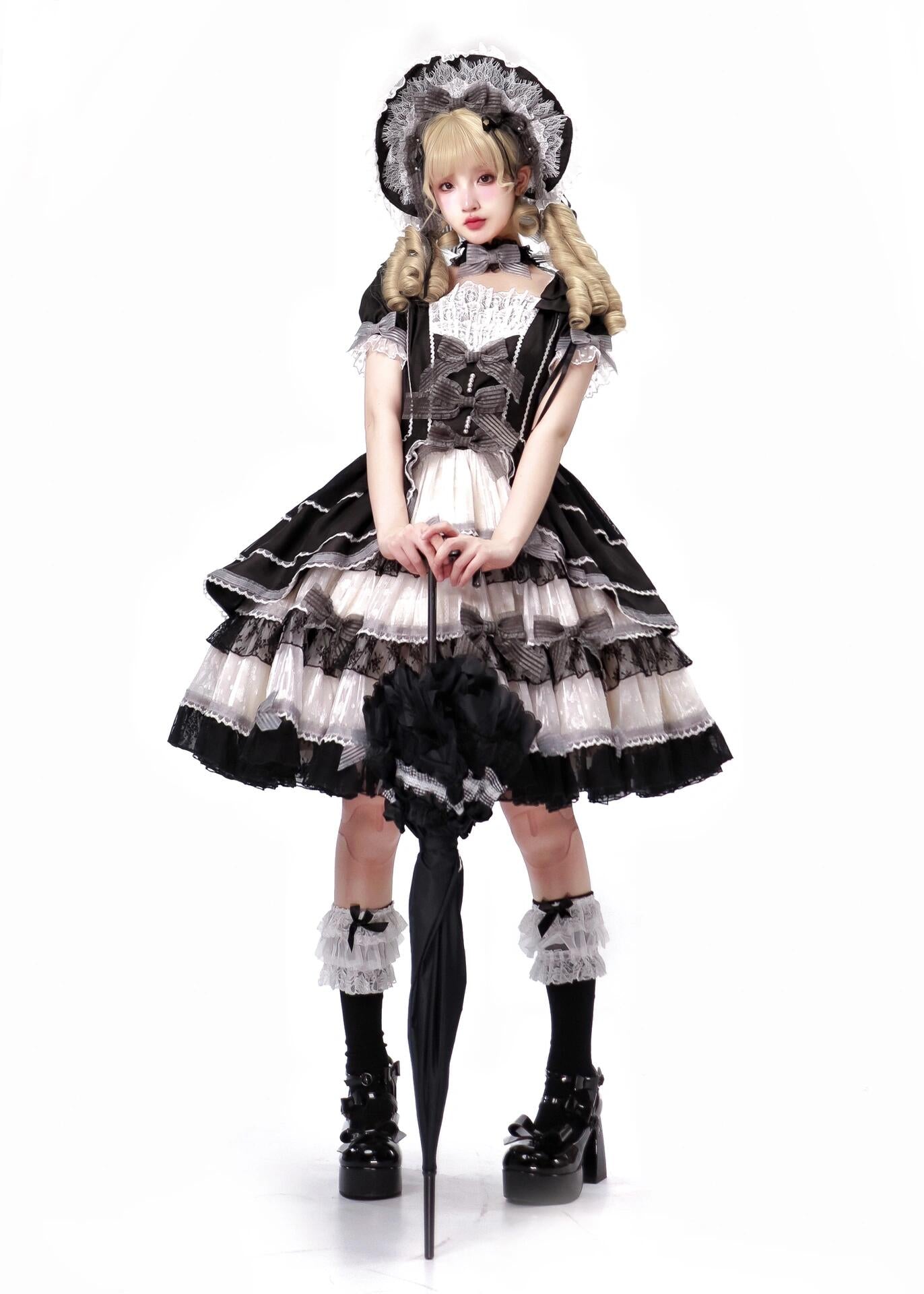 Velvet Cake Doll Pink Black Tiered Ruffle Classic Lolita JSK