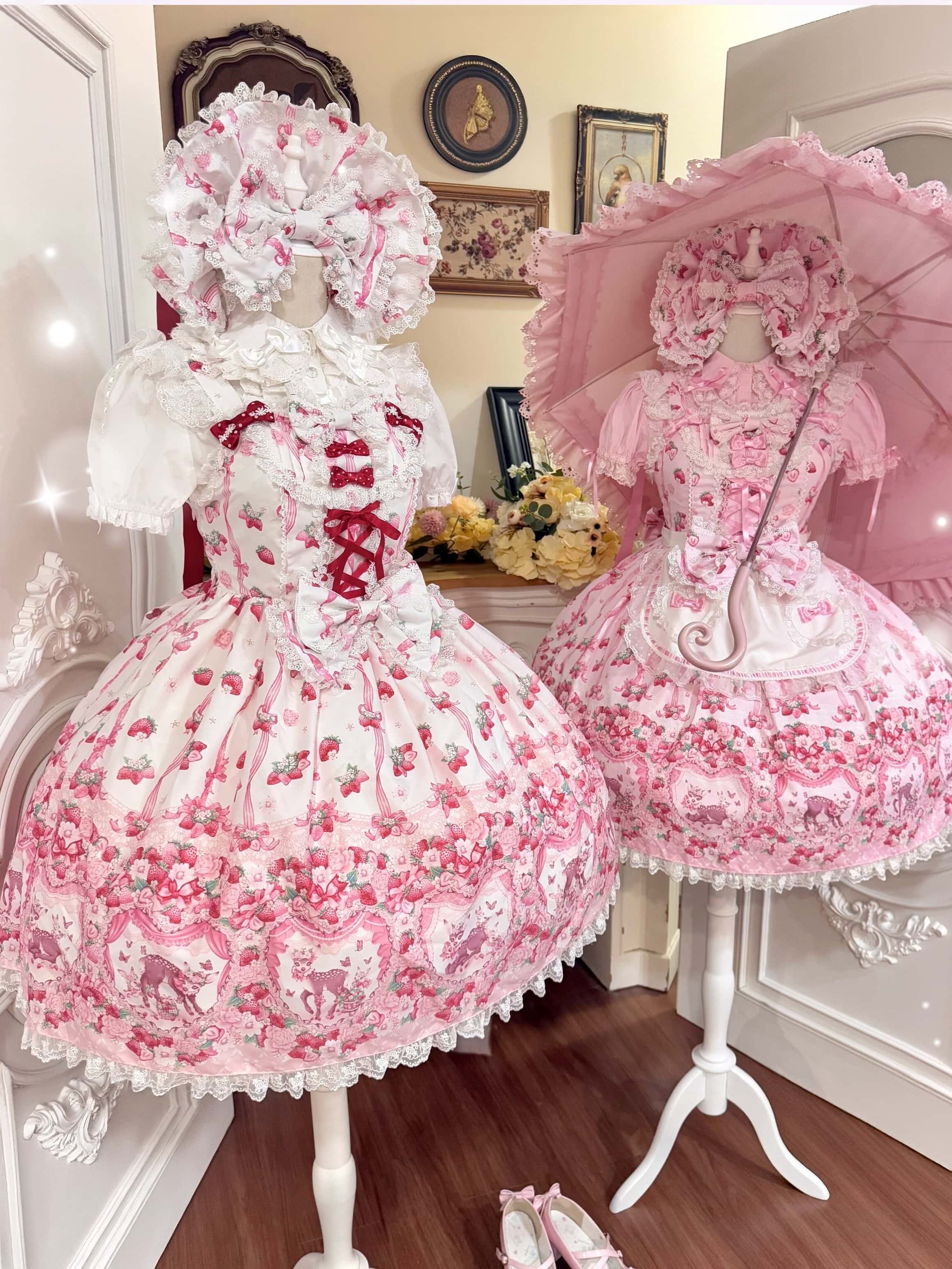 Deer Strawberry Garden Old-School Strawberry Print Lolita JSK