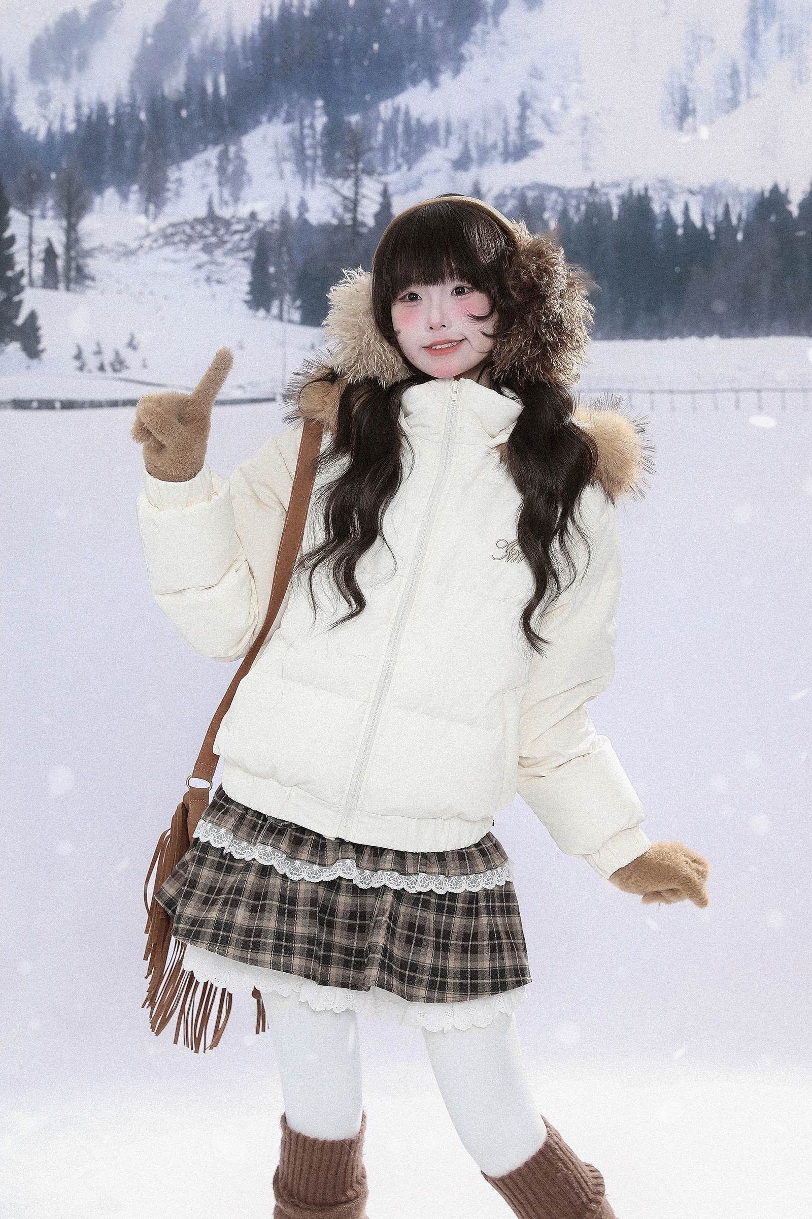 Girly Fashion Plush White Duck Down Winter Coat