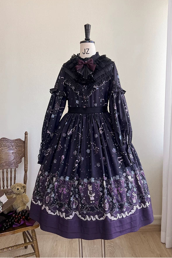 Purple Vintage Grape Print Relaxed Lolita OP Dress with Pockets
