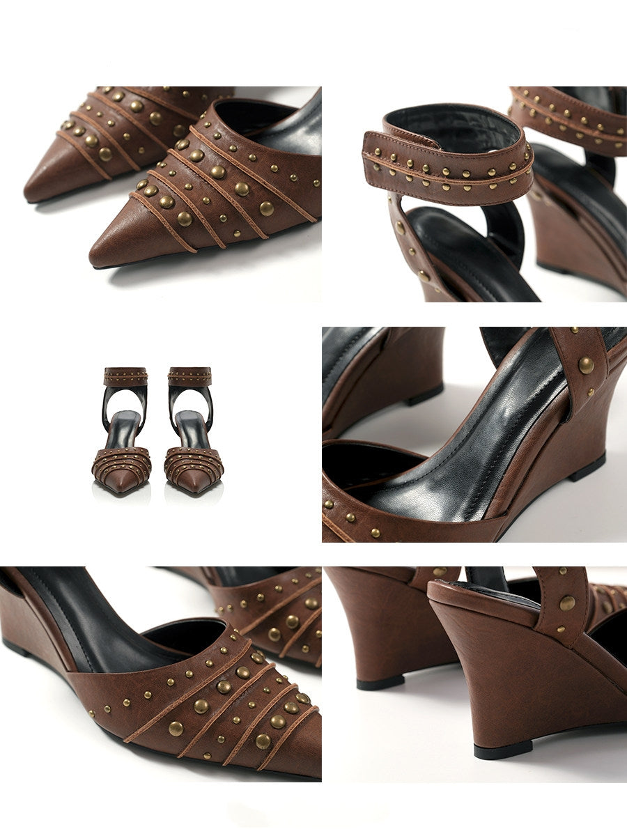 Tribal‑Style Spike‑Stud Pointed‑Toe Wedge‑Heel Pumps