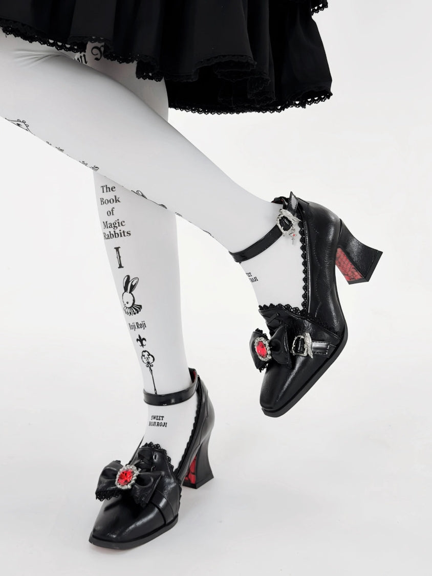Night Banquet Black Square Toe Gothic Lolita Shoes with Ruby Bow