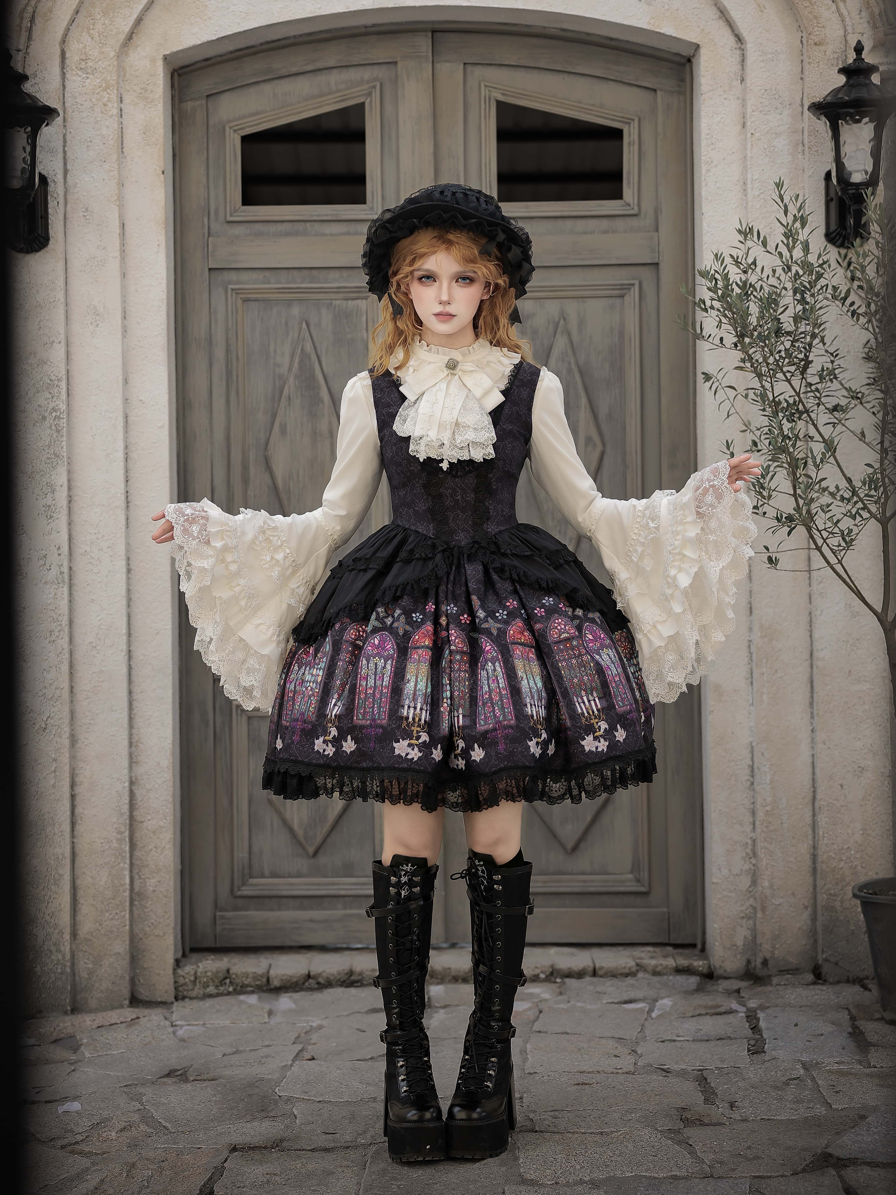 Dark Gothic Cathedral Stained Glass Print Lolita JSK & Blouse Set