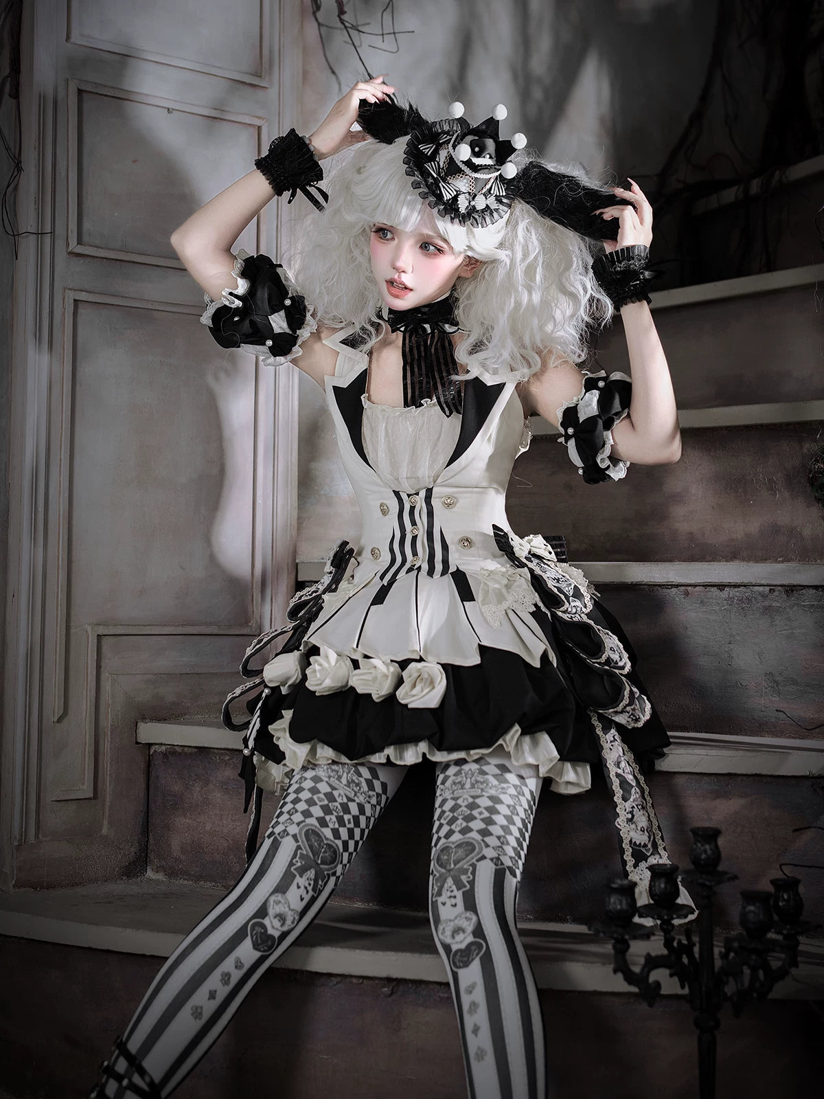 Black Candy Cane Stripe Circus Gothic Lolita Vest Skirt Full Set