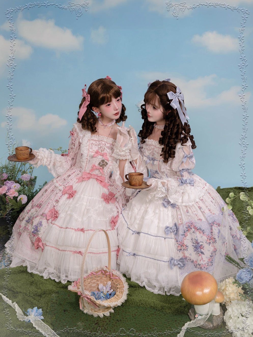Iris Clock Floral‑Wall Front‑Opening Lolita Hime‑Sleeve Dress