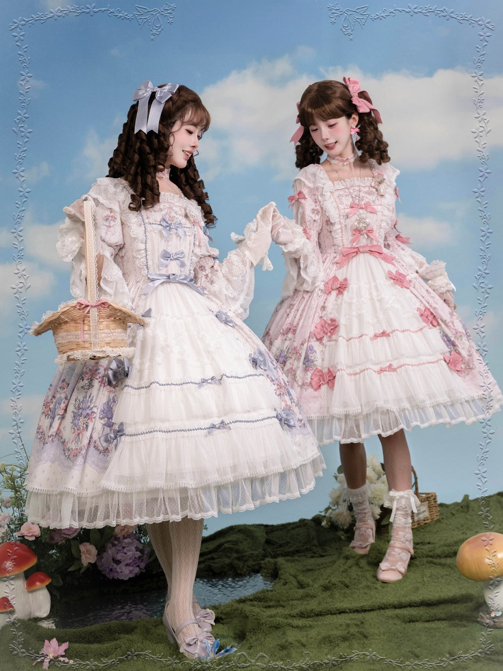 Iris Clock Floral‑Wall Front‑Opening Lolita Hime‑Sleeve Dress