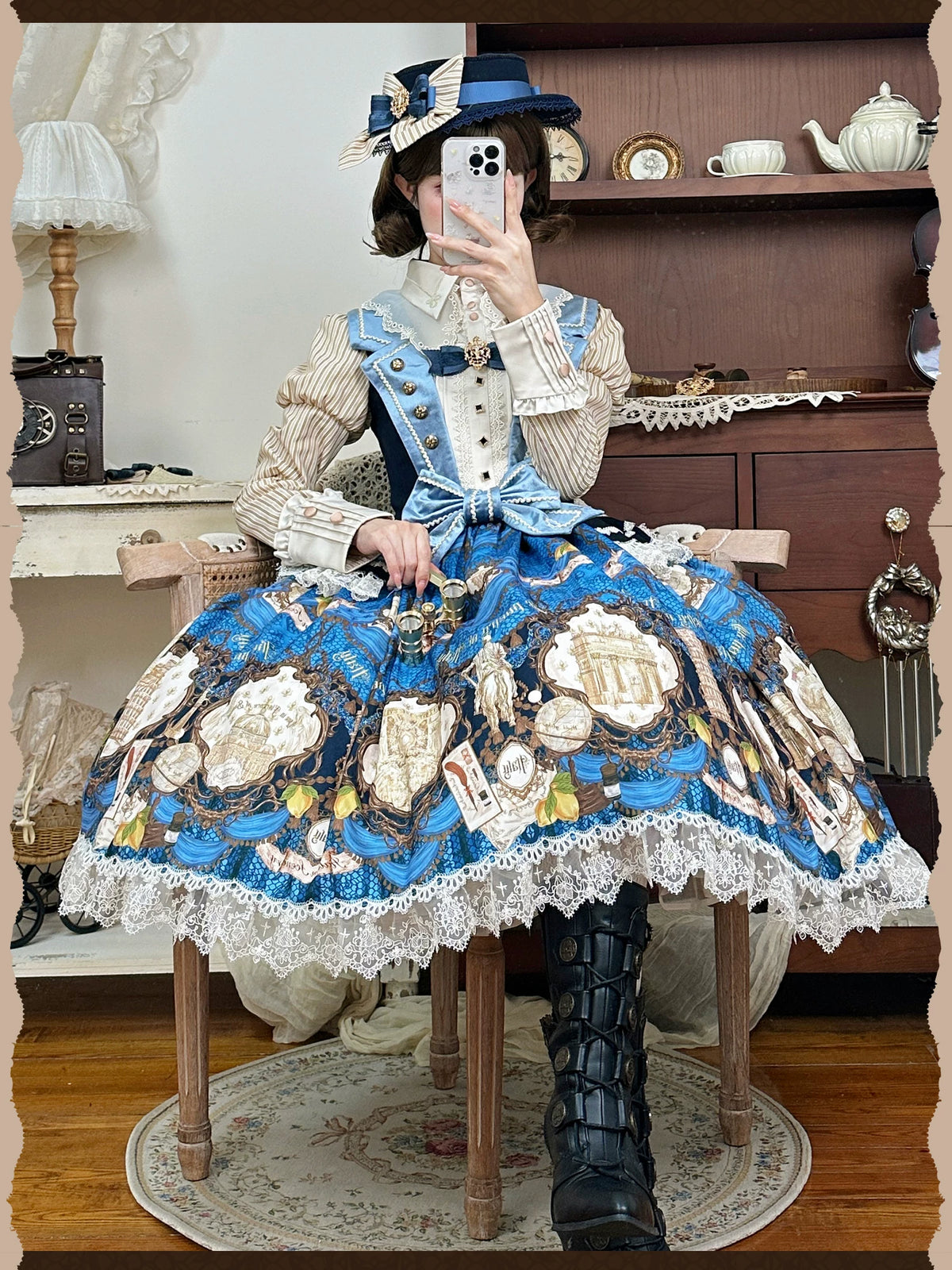 Italian Travelogue Navy British Style Lolita JSK Dress and Blouse