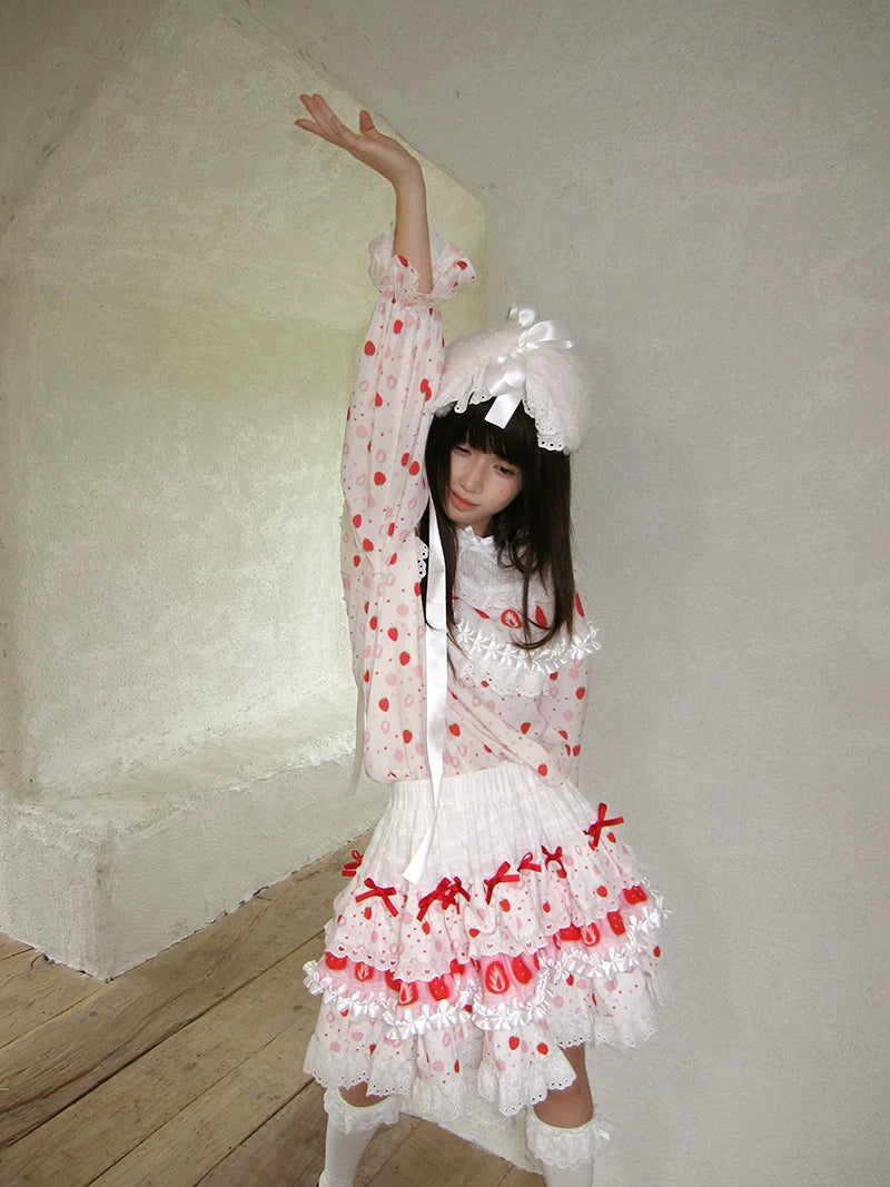 Strawberry Scent Cake Cross-section Print Lace Short Skirt
