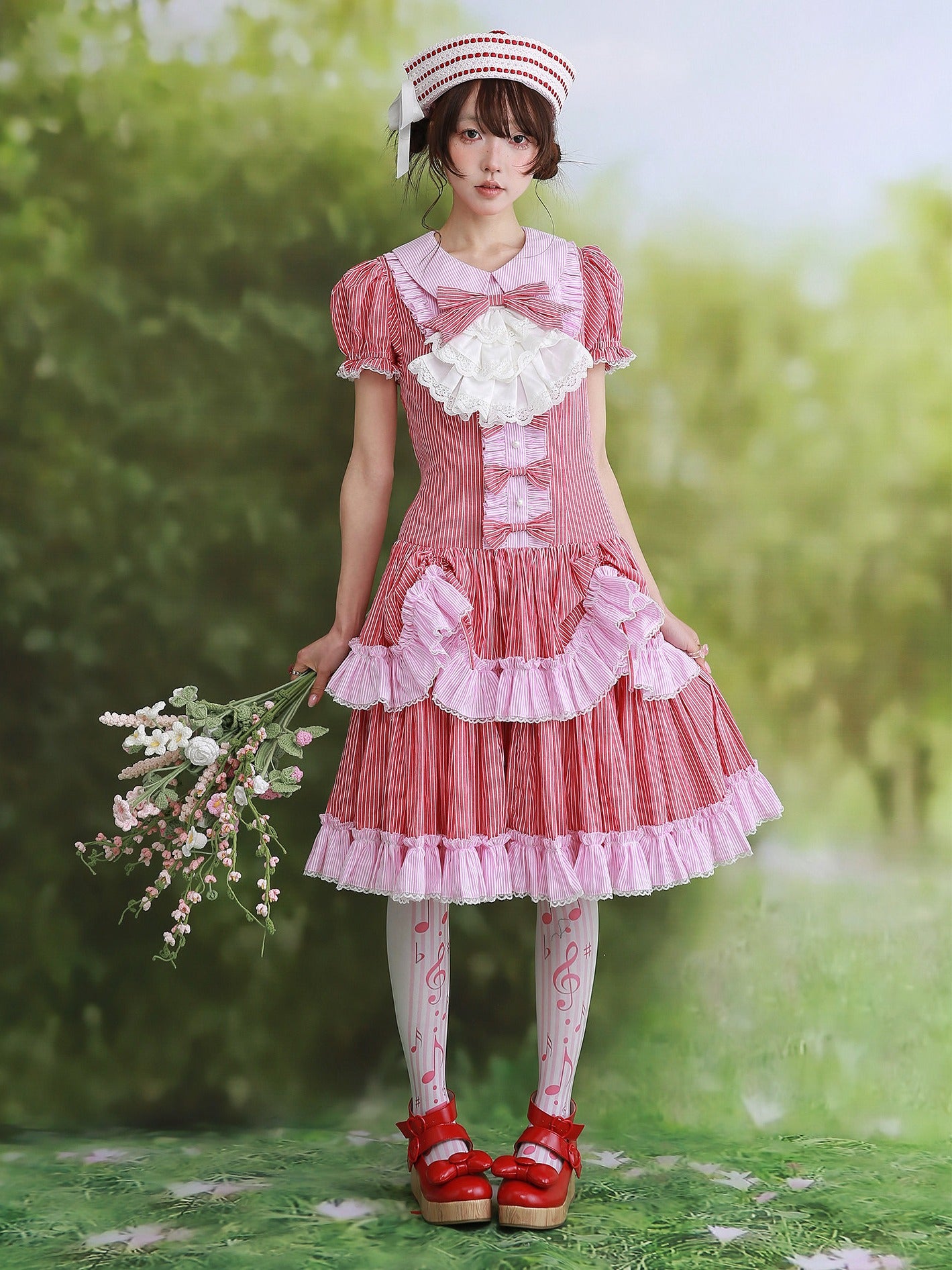 Candy Cottage Showa Retro Pink Striped Dress