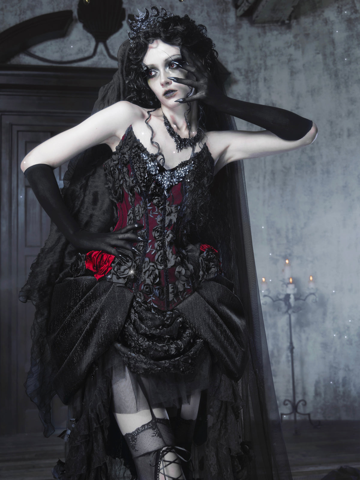 Sale at 20:00, Oct 20th. Emerald Night Gothic Halloween Pomegranate Red Boned Corset & Train Skirt Set