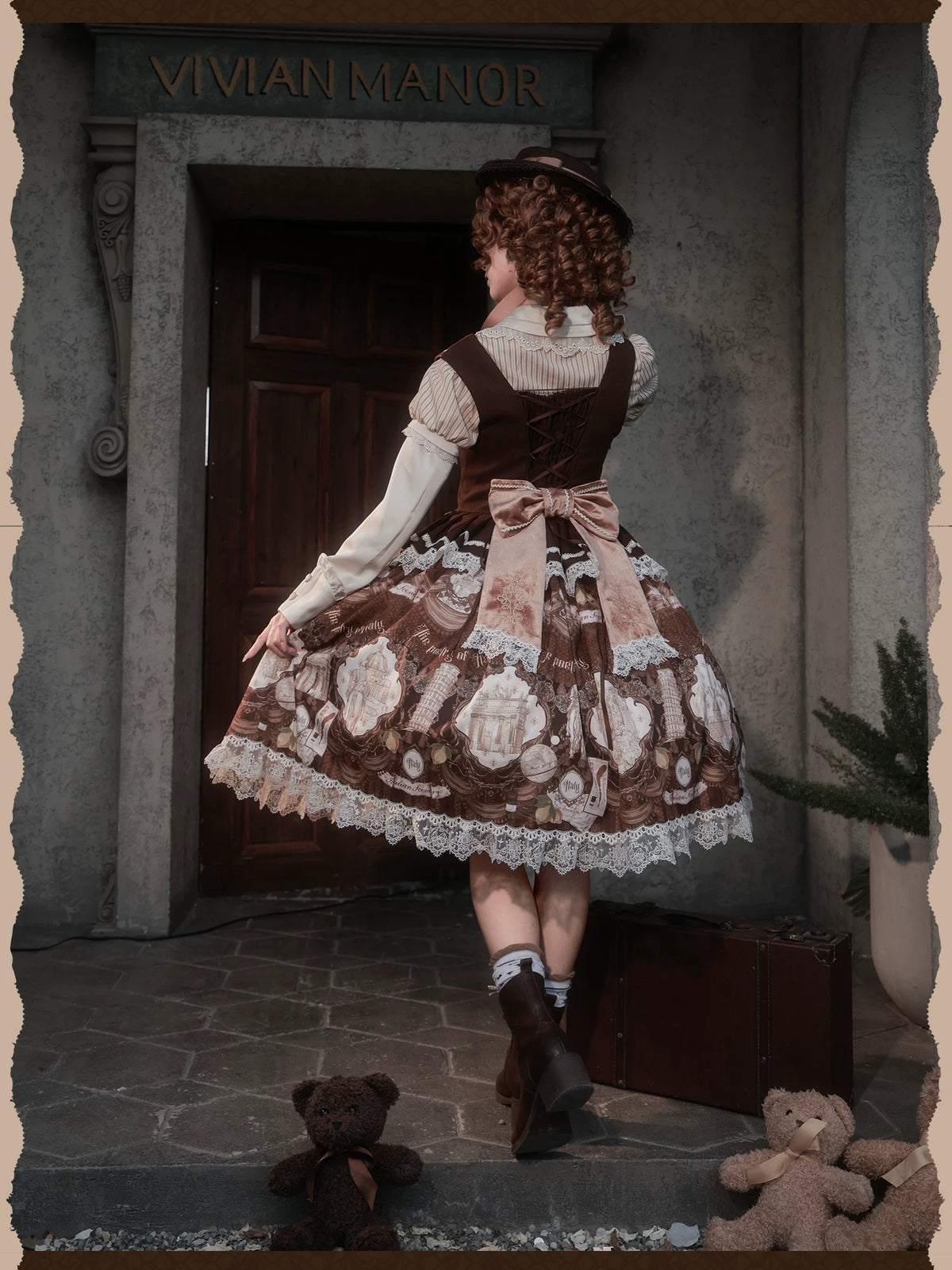 Italian Travelogue Brown British Style Lolita JSK Dress and Blouse