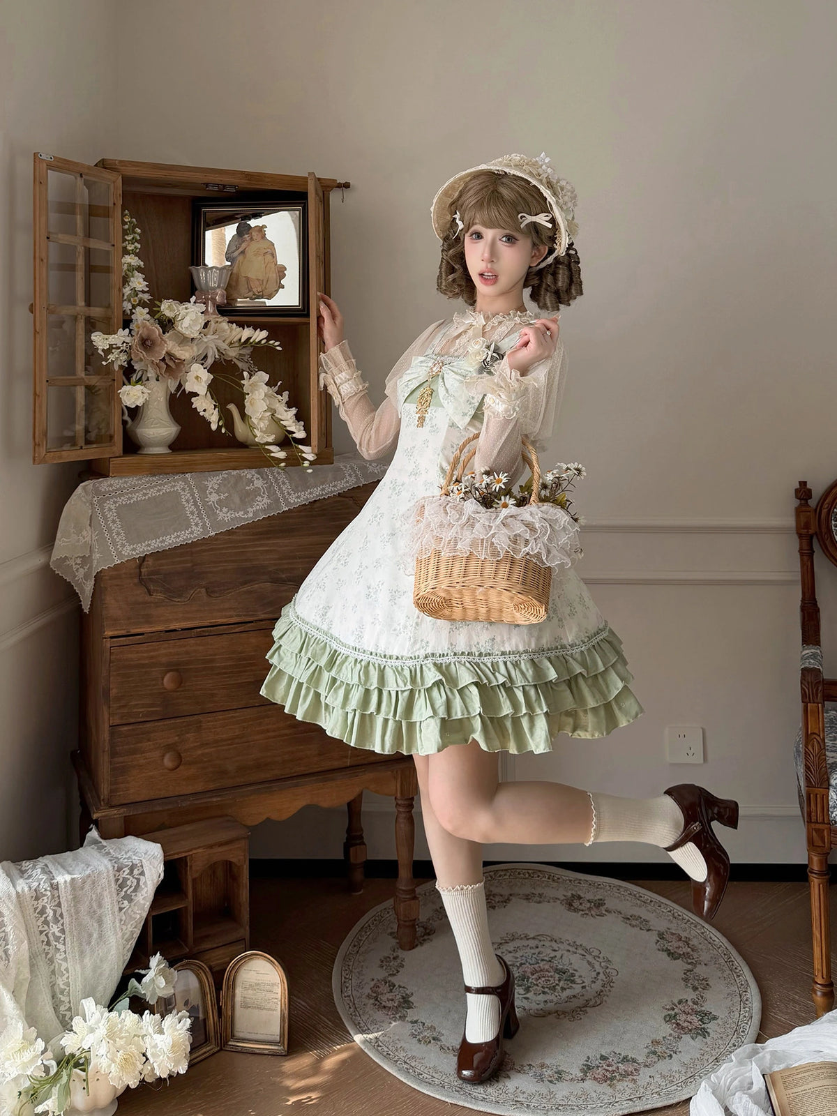 Rose Spring Romance Pink Green Floral Classic Lolita JSK Dress