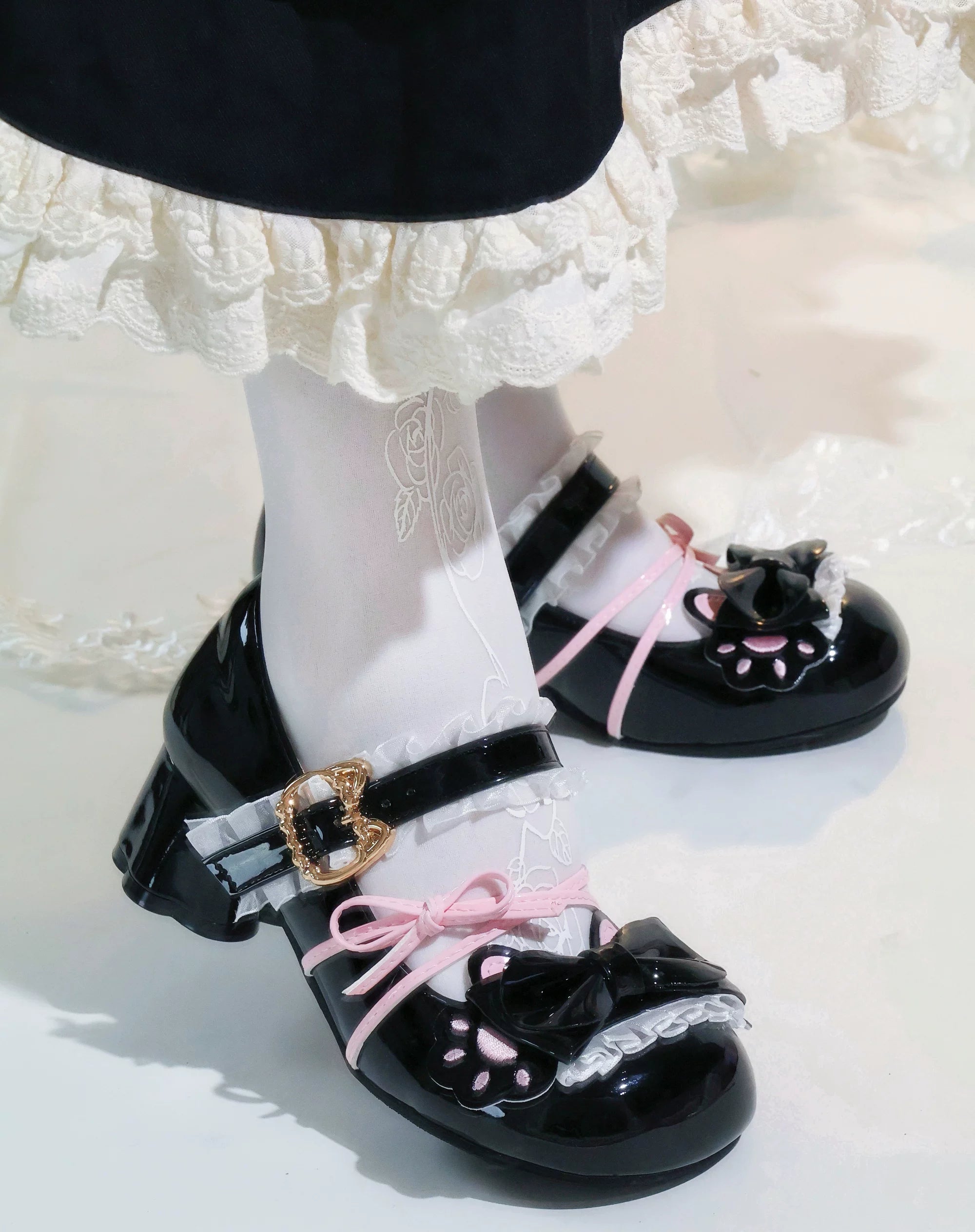Sweet Kitty Party Lolita Cute Cat Paw Irregular Mid Heel Round Toe Shoes