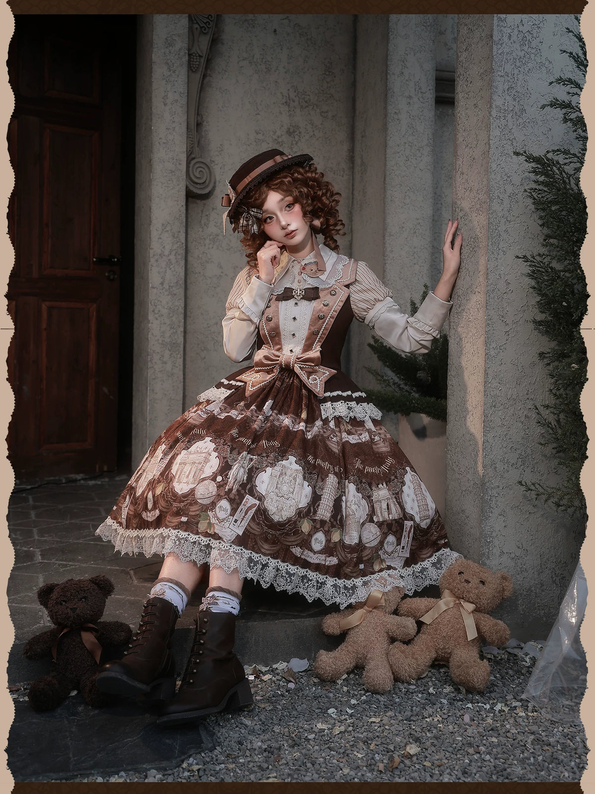 Italian Travelogue Brown British Style Lolita JSK Dress and Blouse