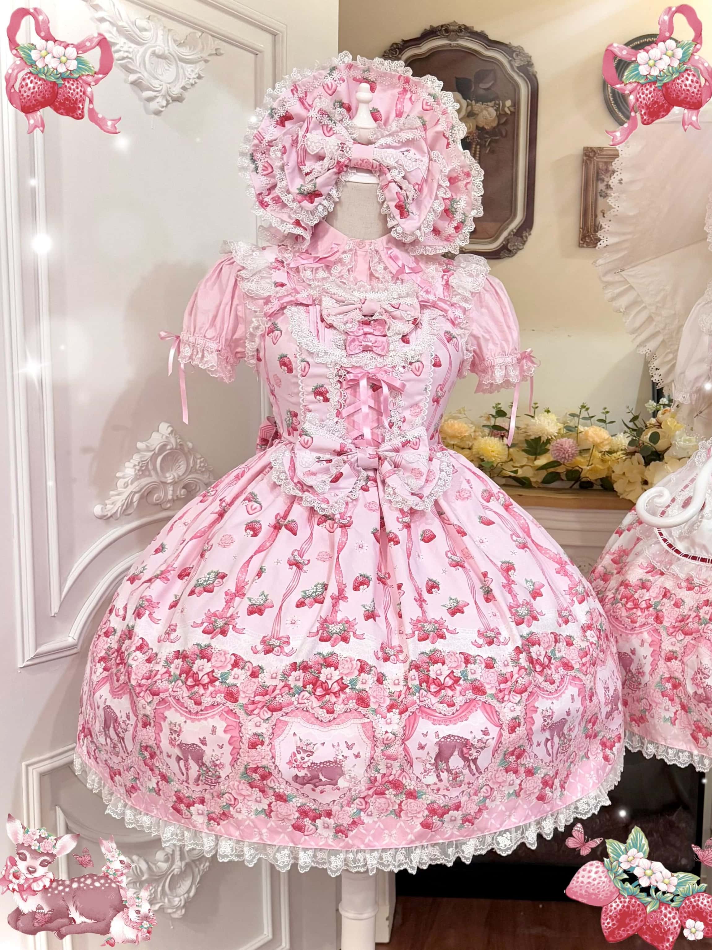 Deer Strawberry Garden Old-School Strawberry Print Lolita JSK