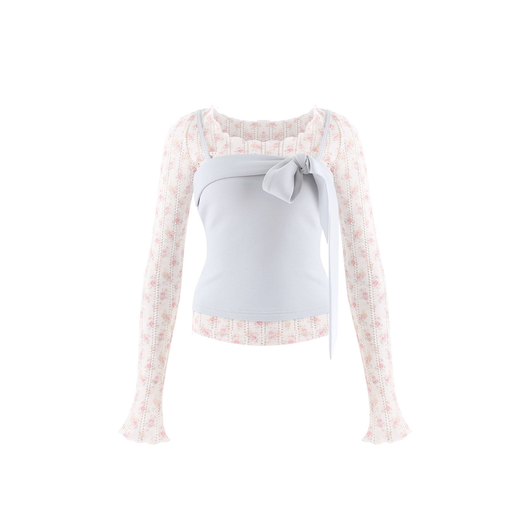 Daily Blue White Floral Cutout Top Off-White Short Skirt Girly Autumn Set