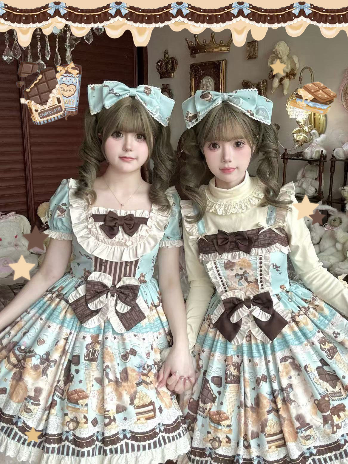 Chocolate Cake Party Mint Green Beige Honey Cat Print Sweet Lolita JSK Dress