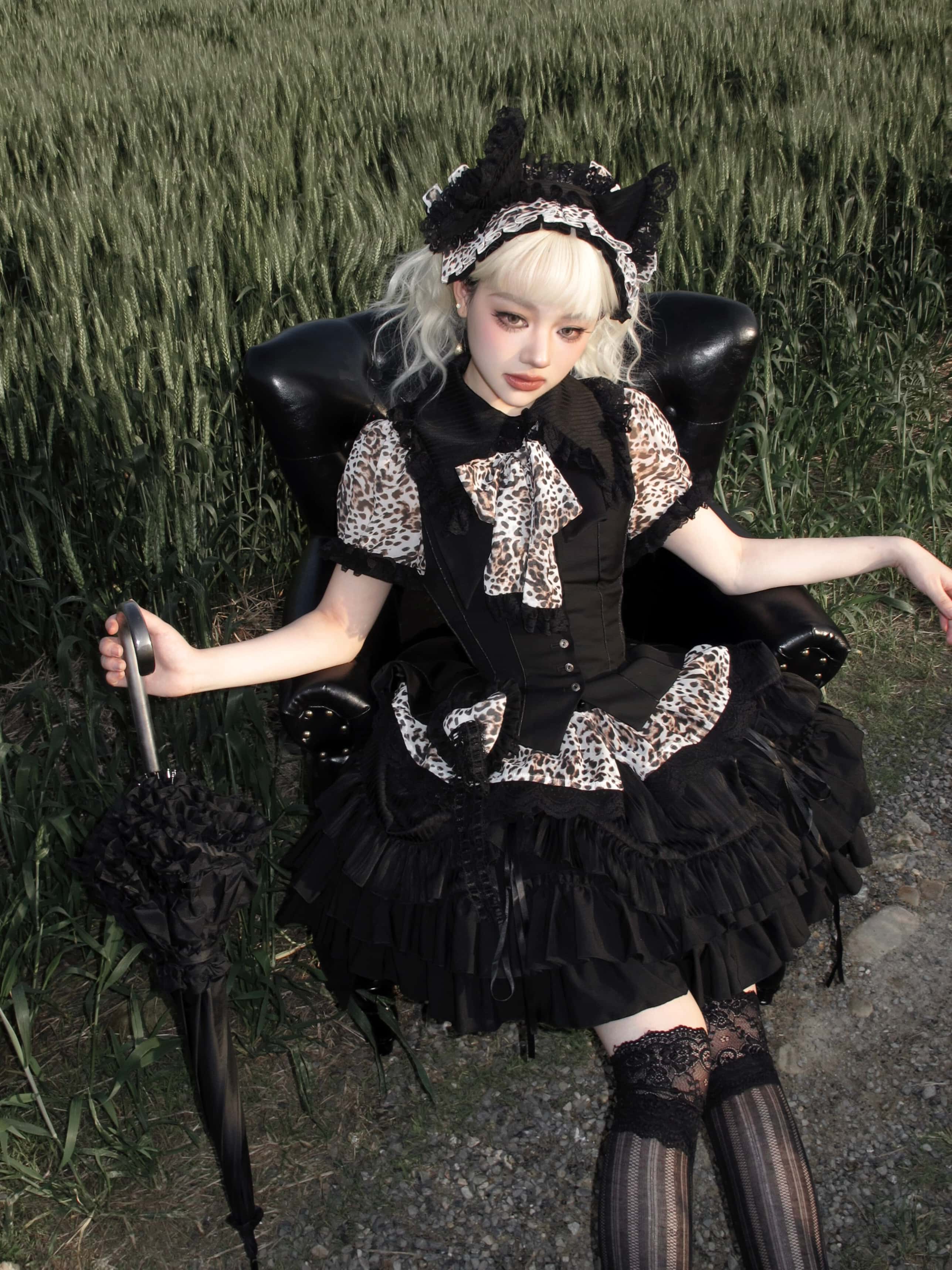 Bengal Cat Gothic Lolita White Blouse & Skirt Set