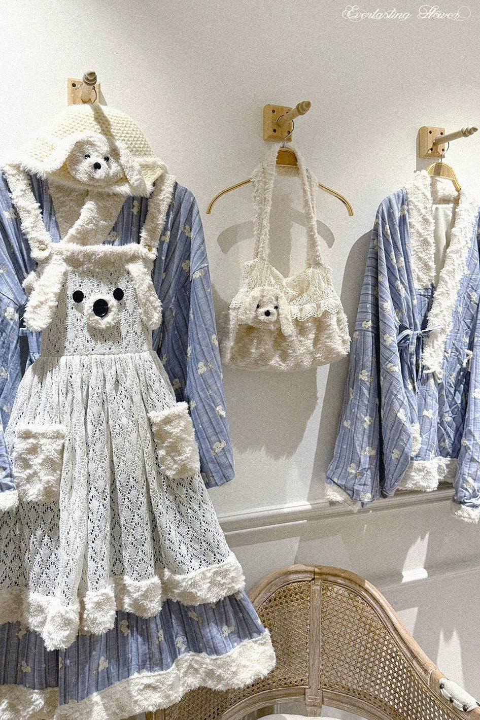 Fluffy Puppy Sweet Lolita Cross Collar Blouse Inner Dress Knit Apron Full Set
