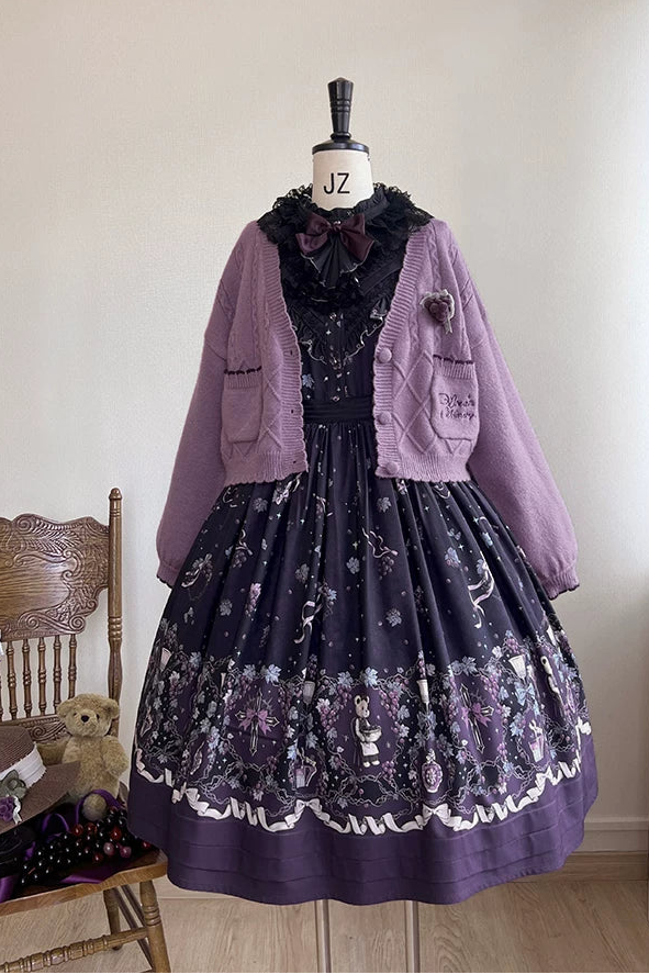 Purple Vintage Grape Print Relaxed Lolita OP Dress with Pockets