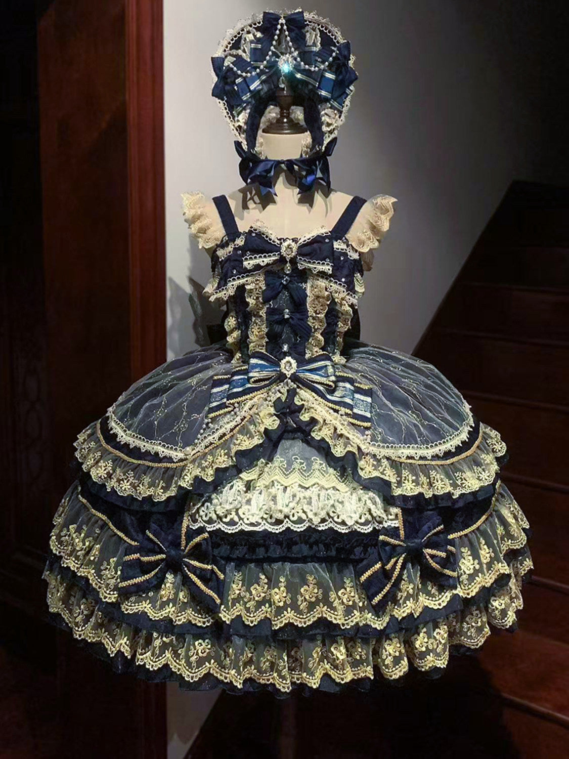 Crown of Gems Lolita Original Doll‑Like Strap JSK Blue Dress