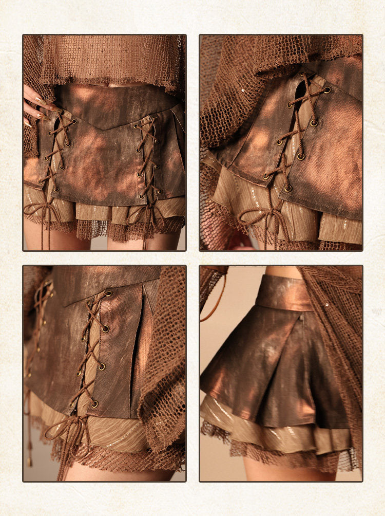 Ember Marks Distressed Foil Lace-Up Layered Mini Skirt with Fishnet Hem