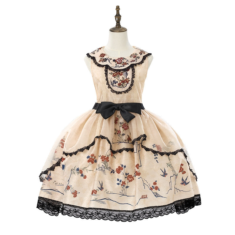 Floral Bird Amber Beige Hanfu Lolita JSK Dress Set